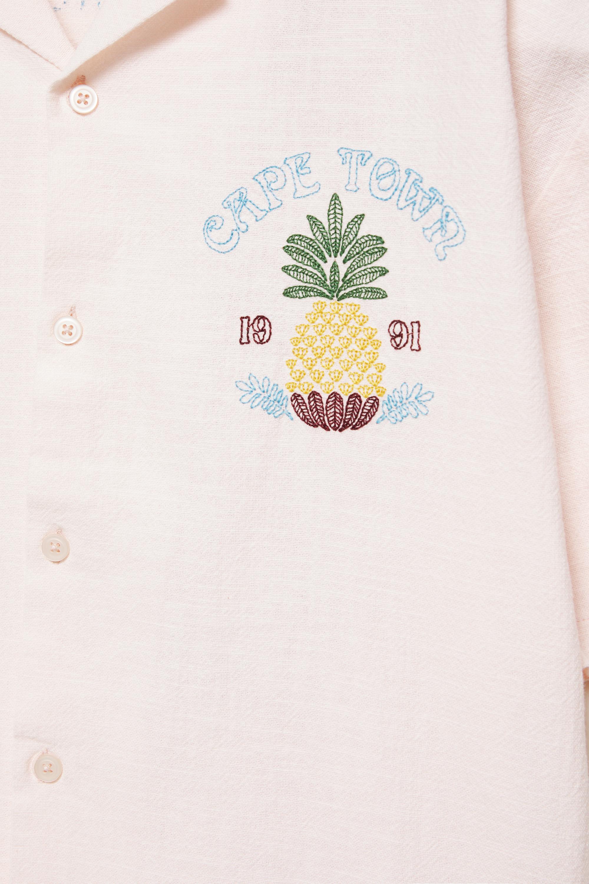 Pineapple embroidery short sleeve shirt — Rose pink