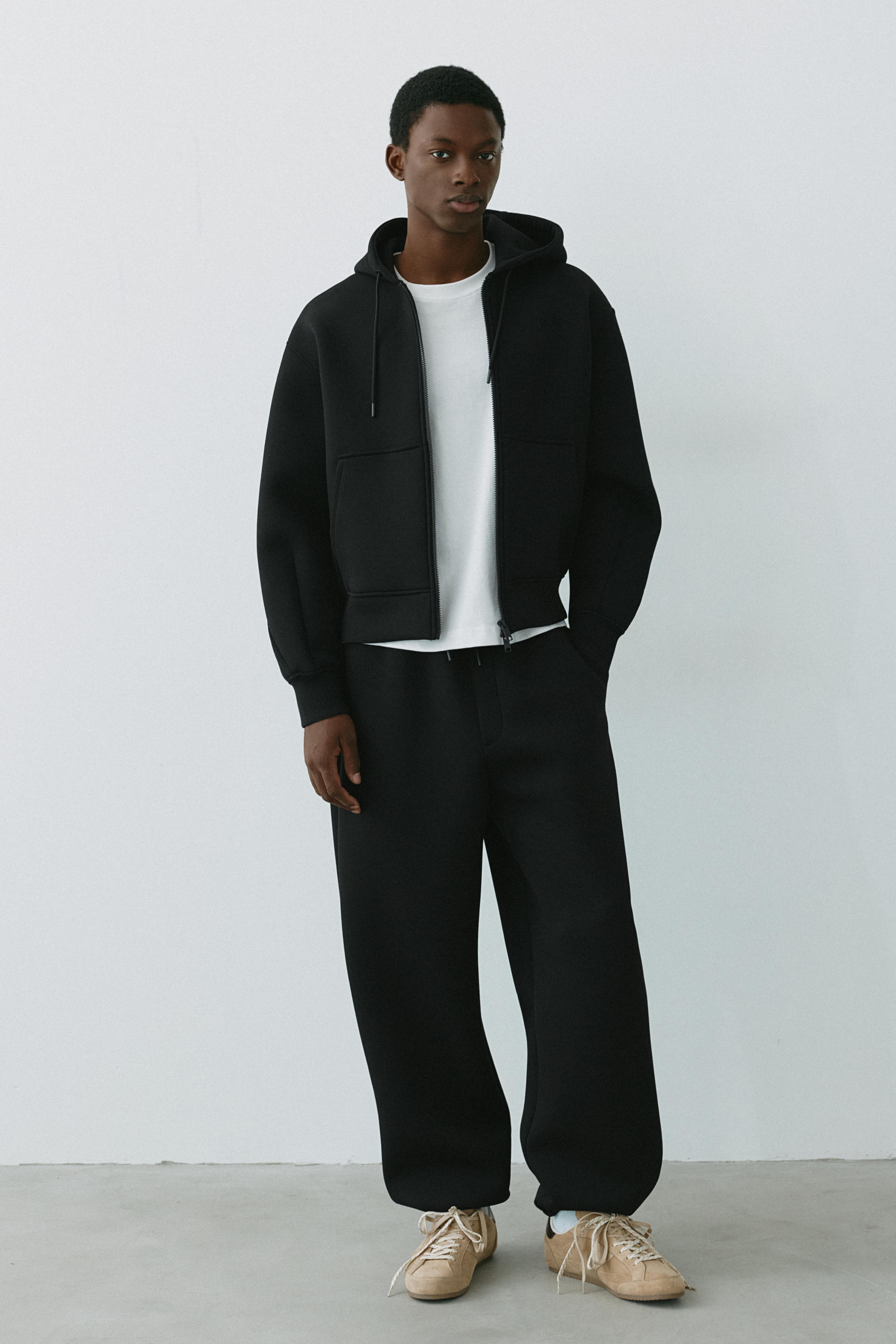 Neoprene-effect zip-up hoodie — Black
