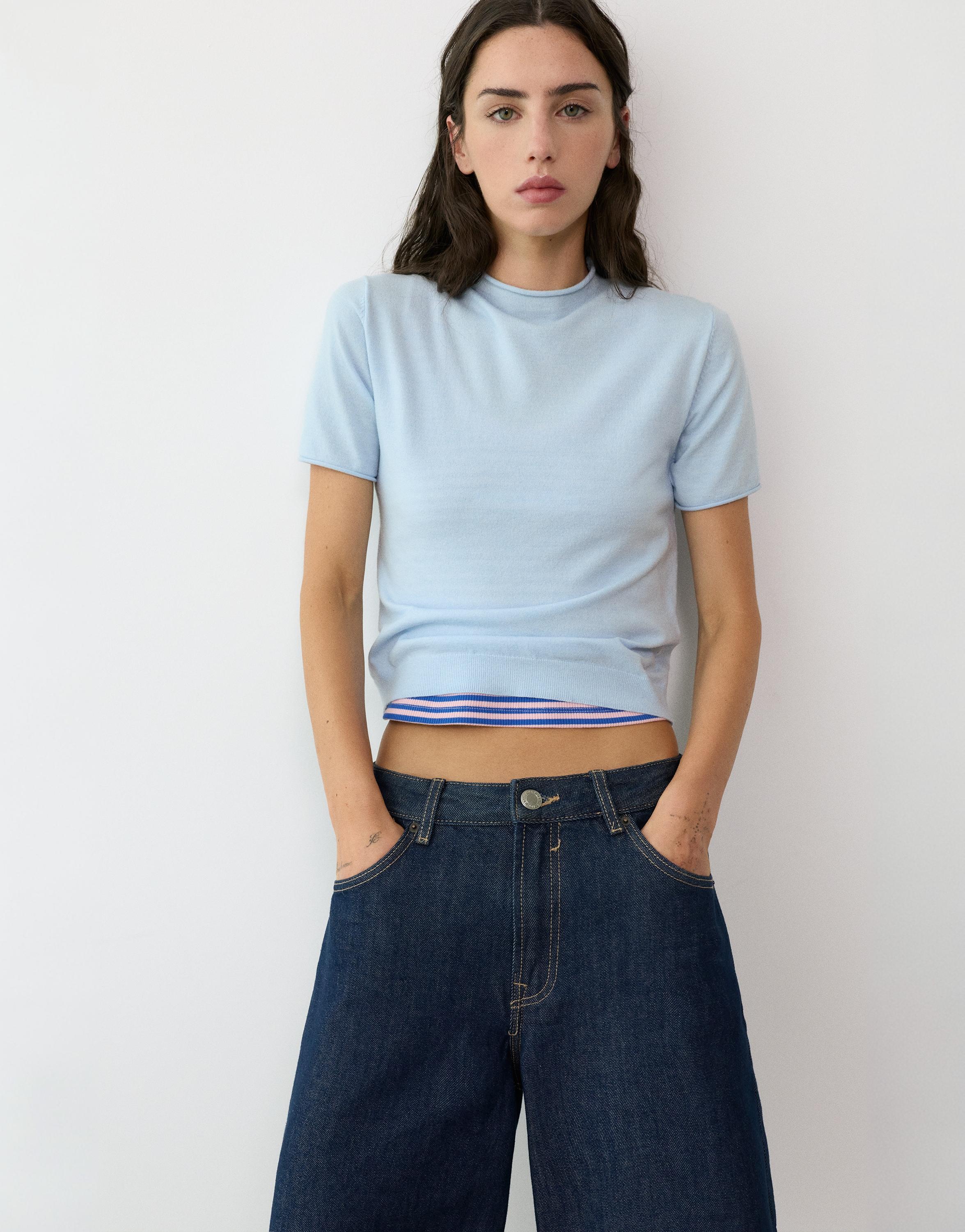 Fine knit short sleeve T-shirt — Pastel blue