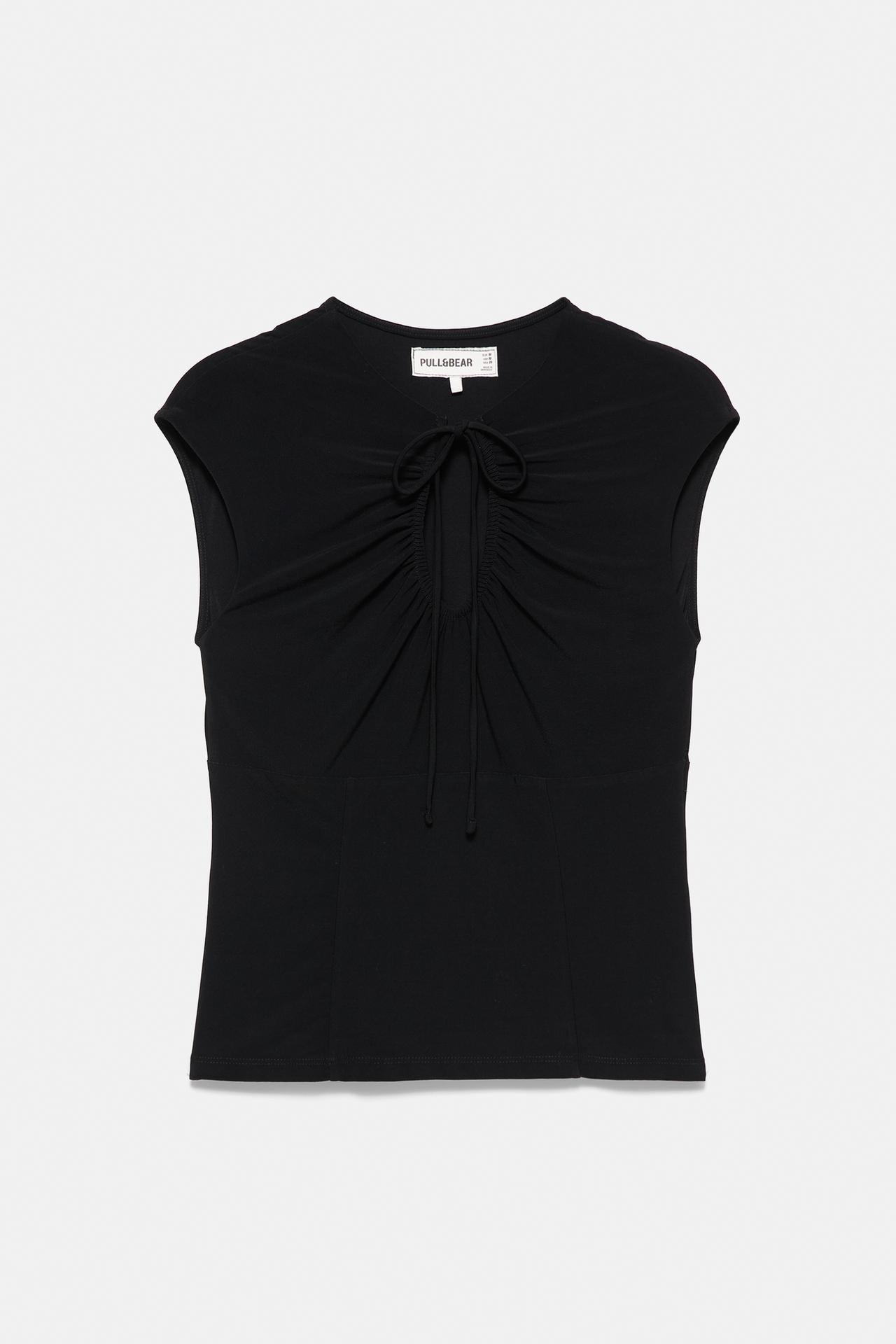 Gathered tie-neck top — Black