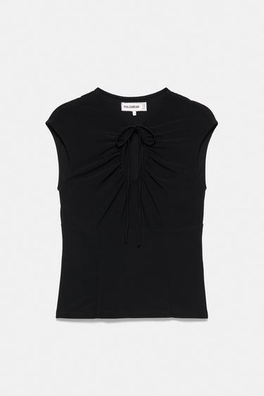 Gathered tie-neck top — Black 2