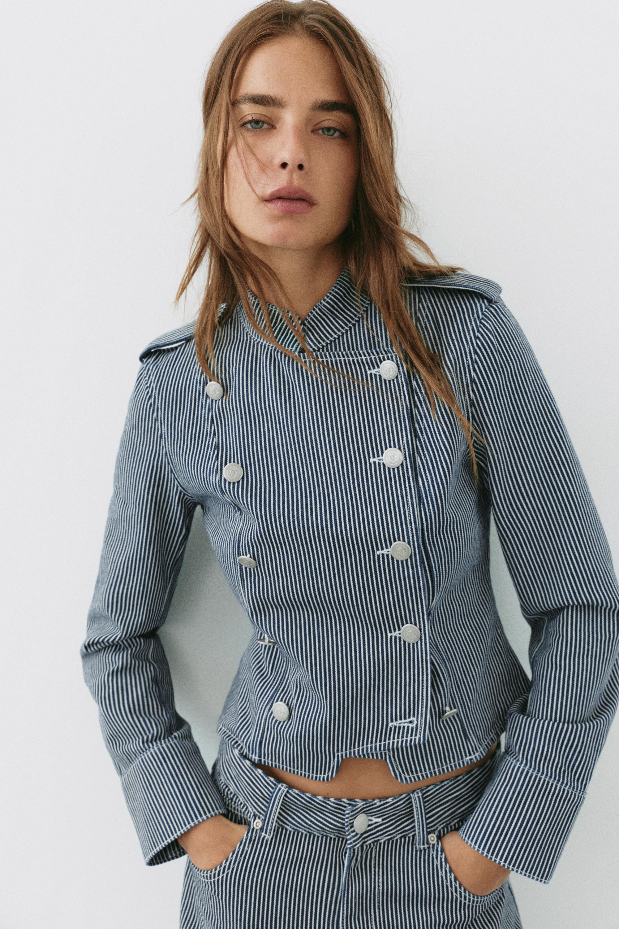 Striped buttoned denim jacket — Dark blue