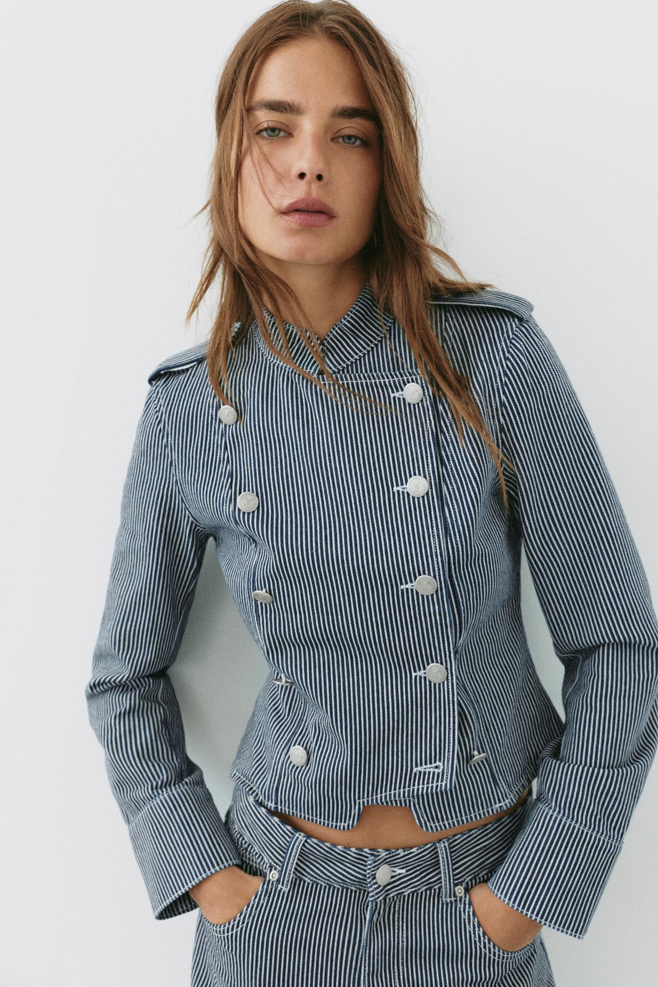 Striped buttoned denim jacket — Dark blue