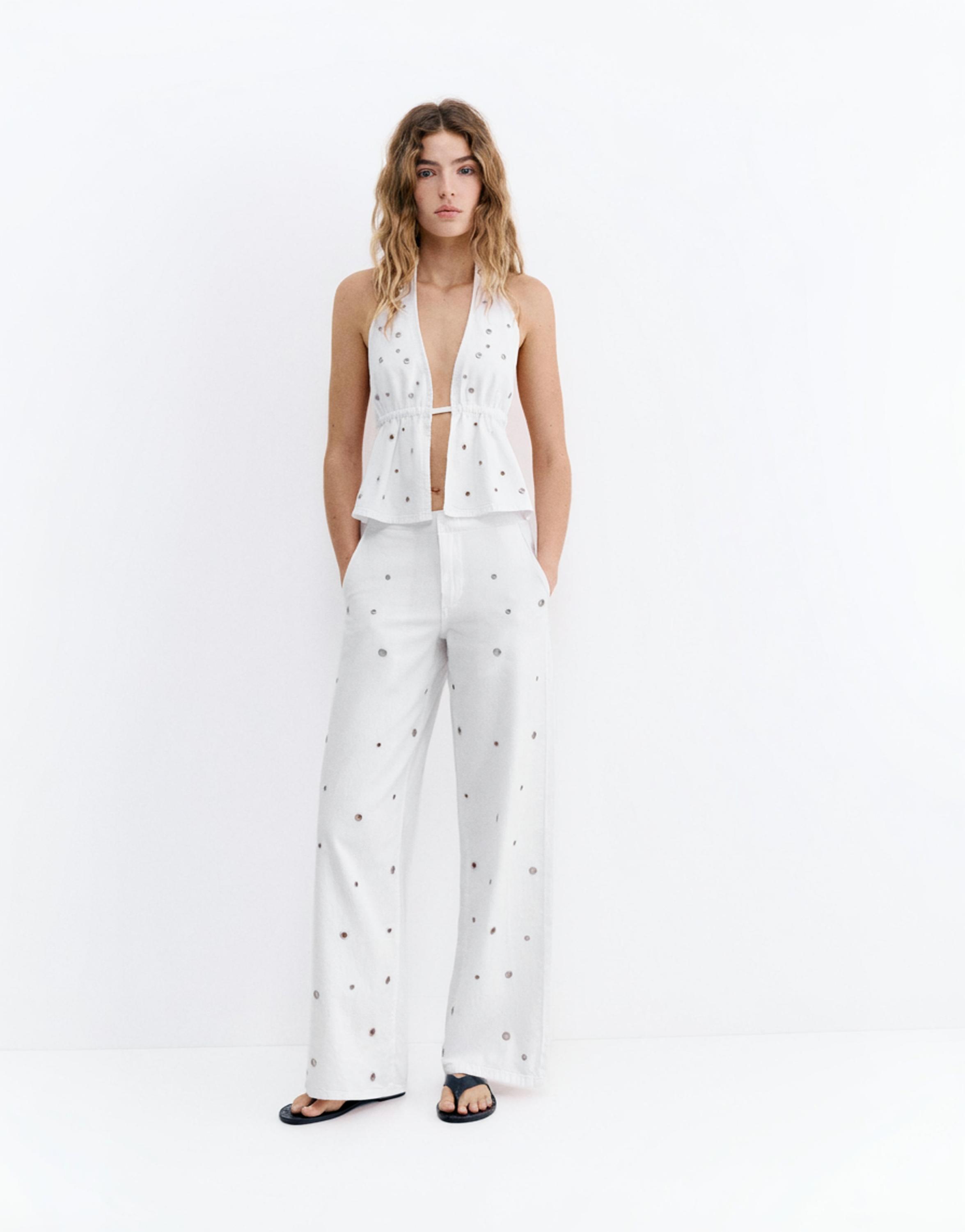 Straight-leg jeans with eyelets — White