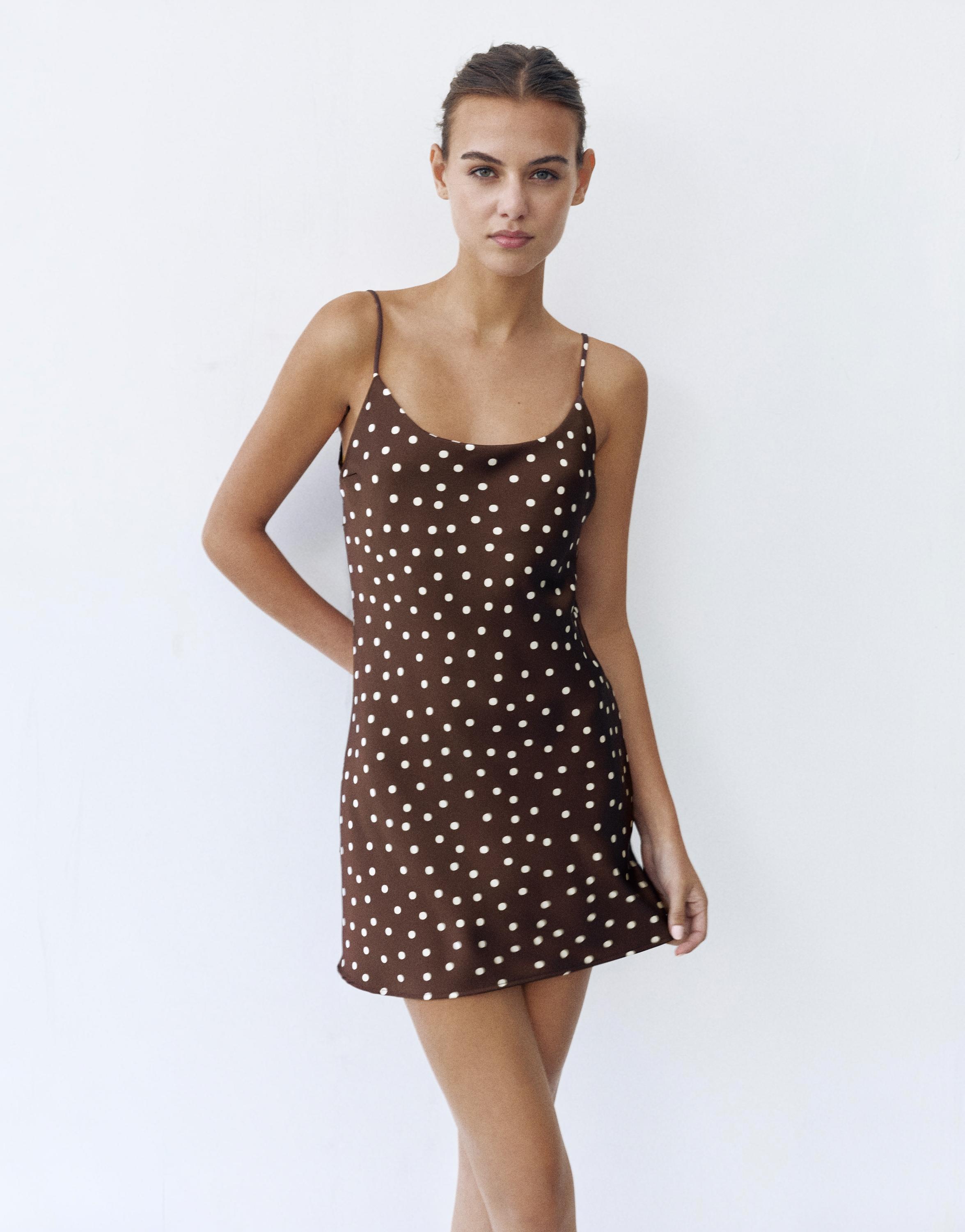 Short satin strappy dress — Brown/Ecru