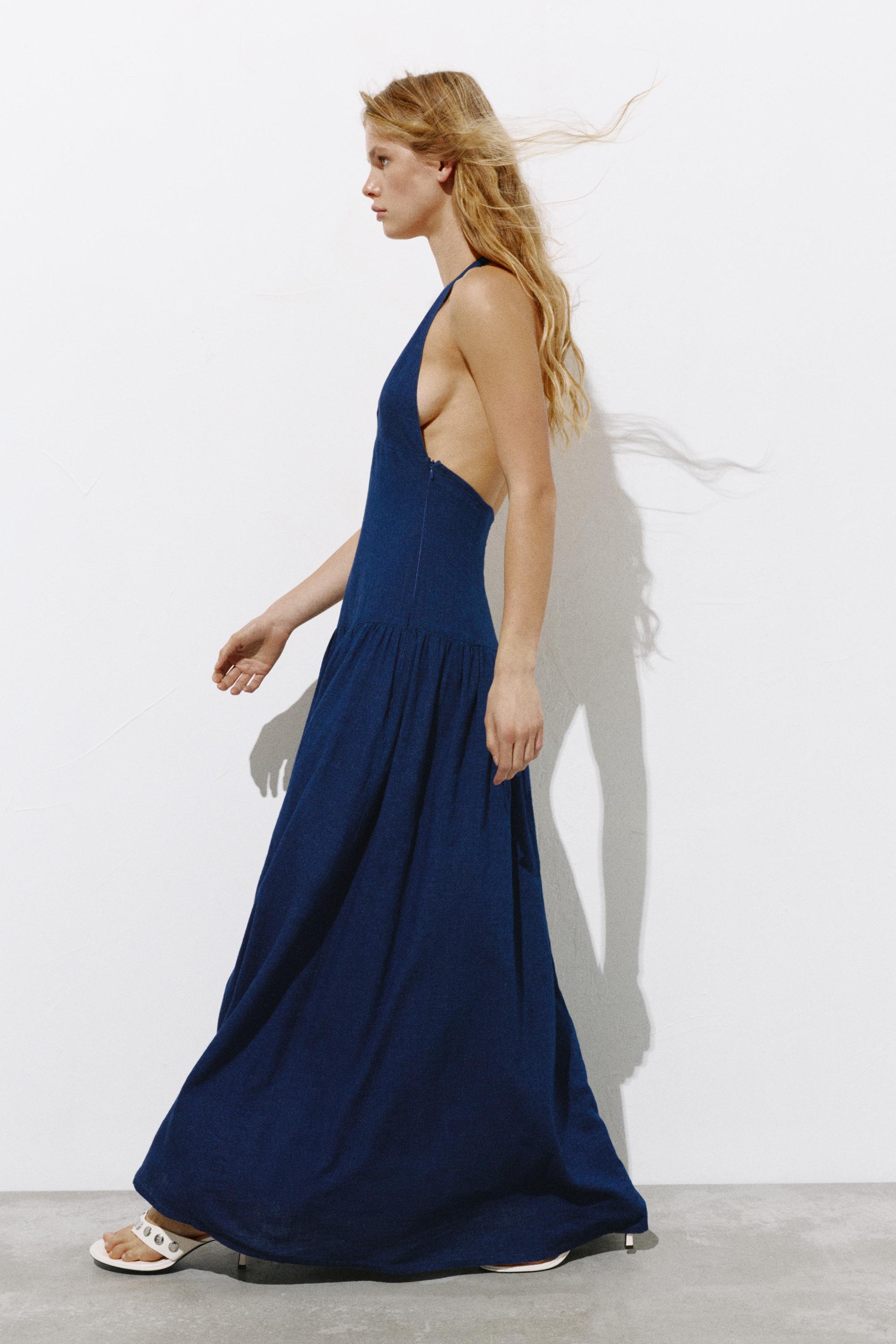 Long halter denim dress — Dark blue