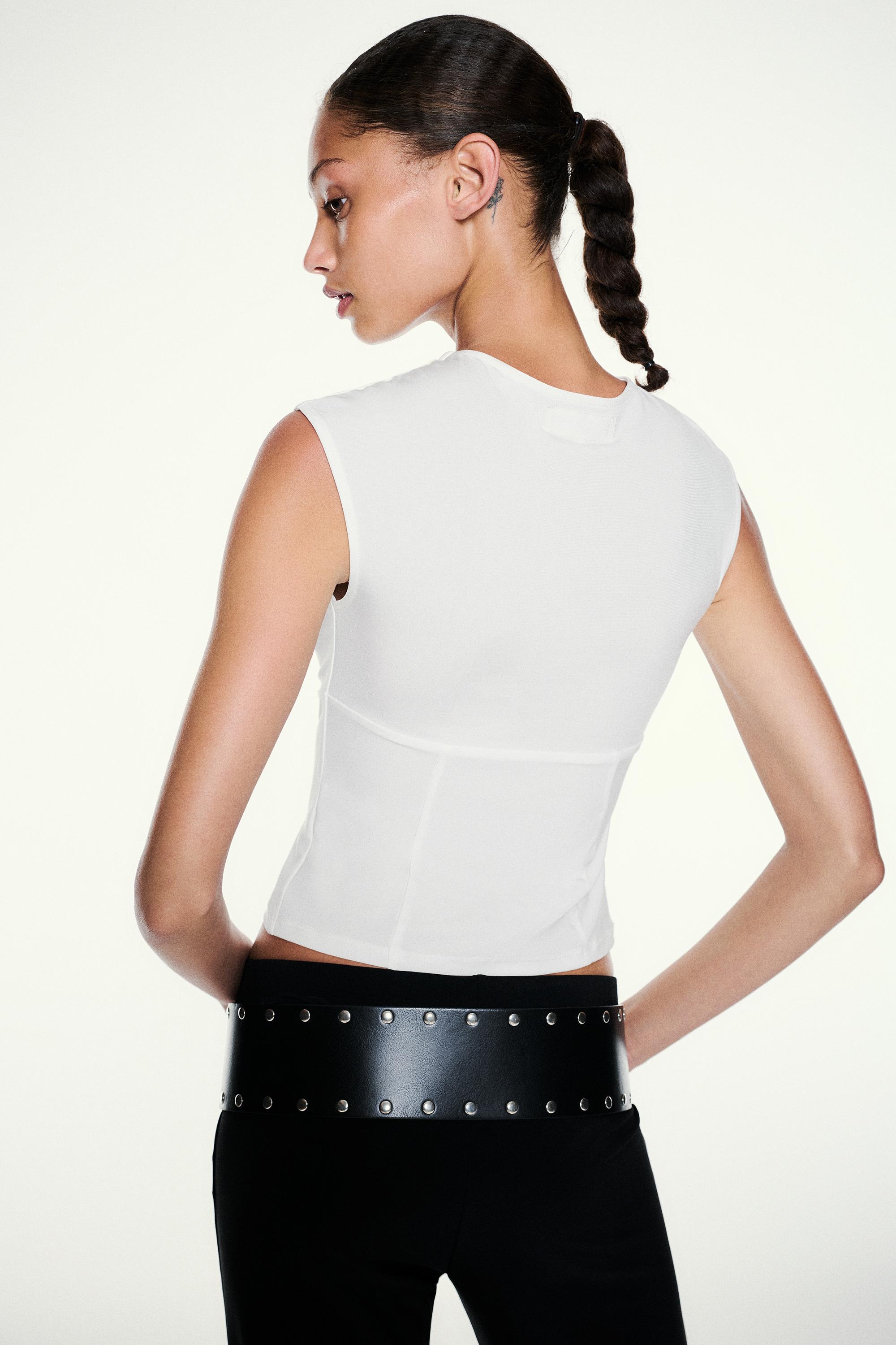 Gathered tie-neck top — Ecru