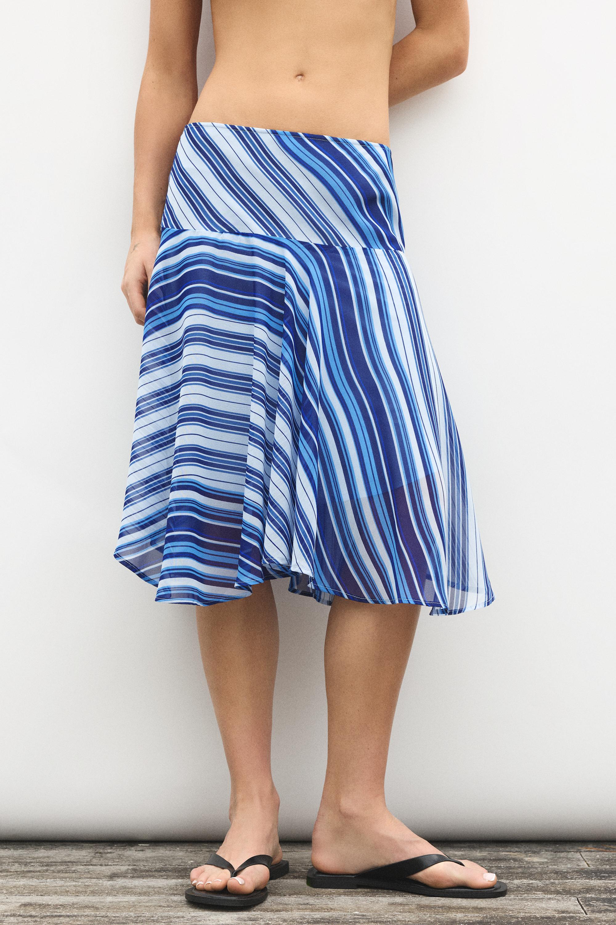 Asymmetric striped midi skirt — Deep blue