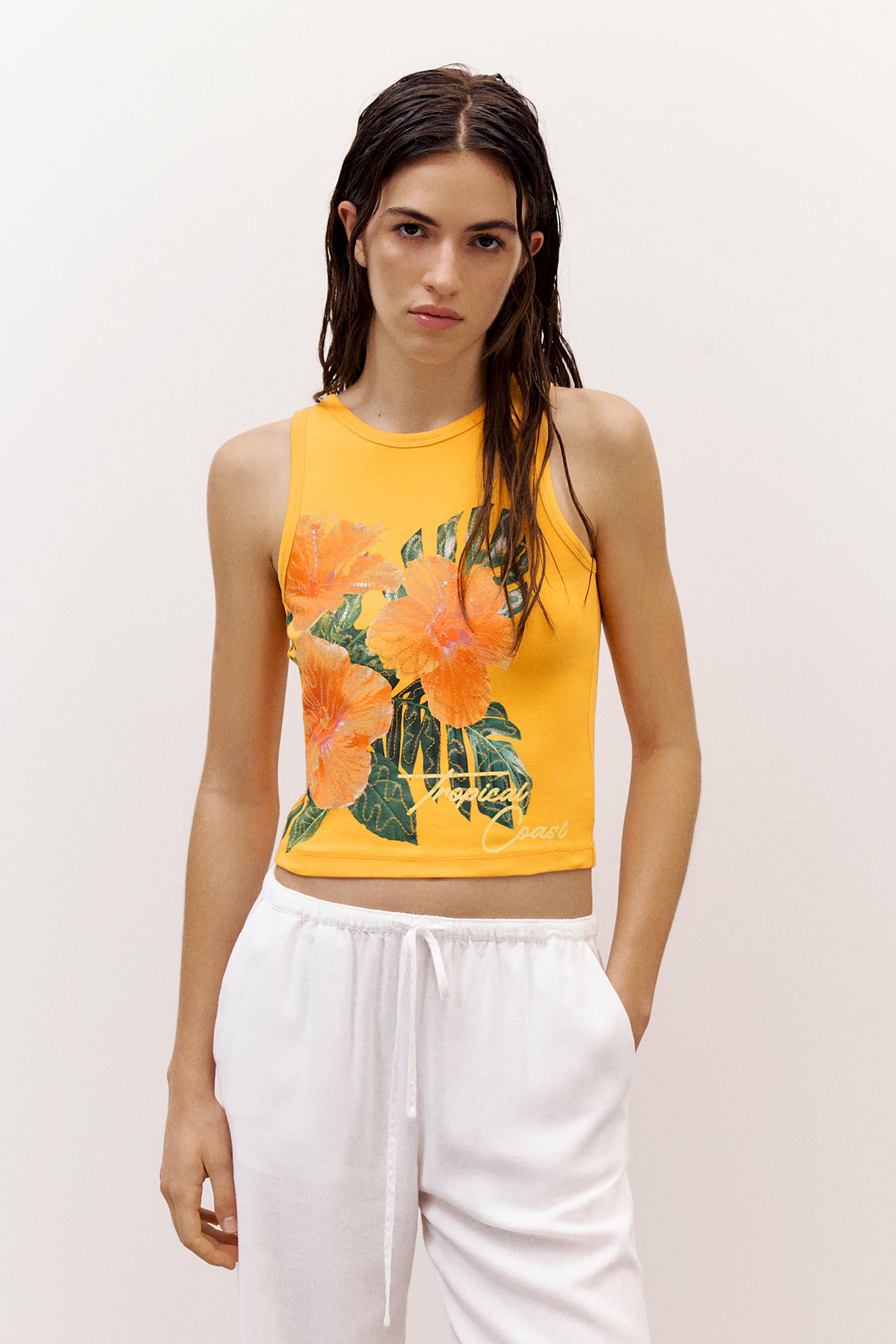 Floral sequin tank top — Orange