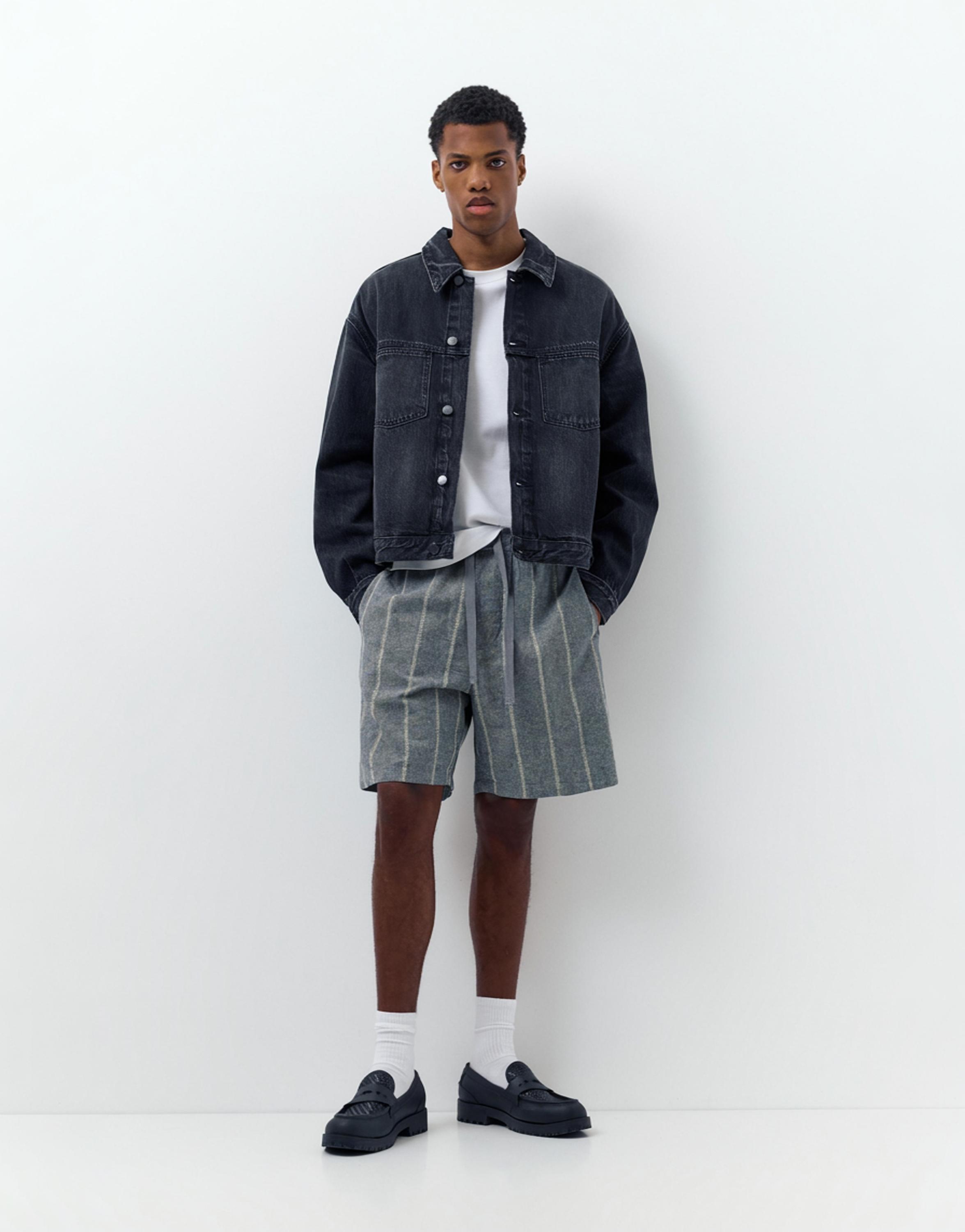 Linen blend jogger Bermuda shorts — Striped