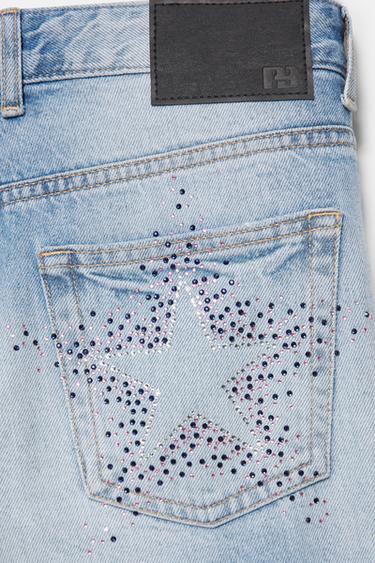 Low-rise straight-leg rhinestone jeans — Pale blue 5