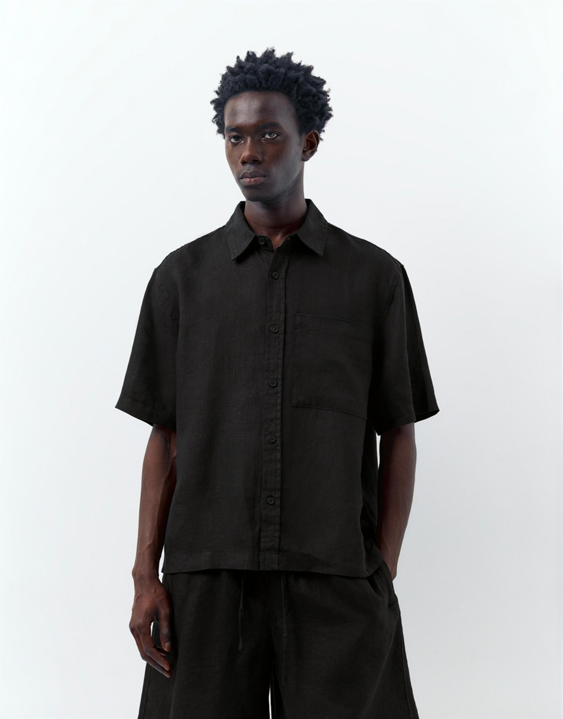 100% linen short sleeve shirt — Black