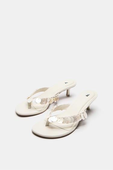 Beaded heeled sandals — Ecru 5