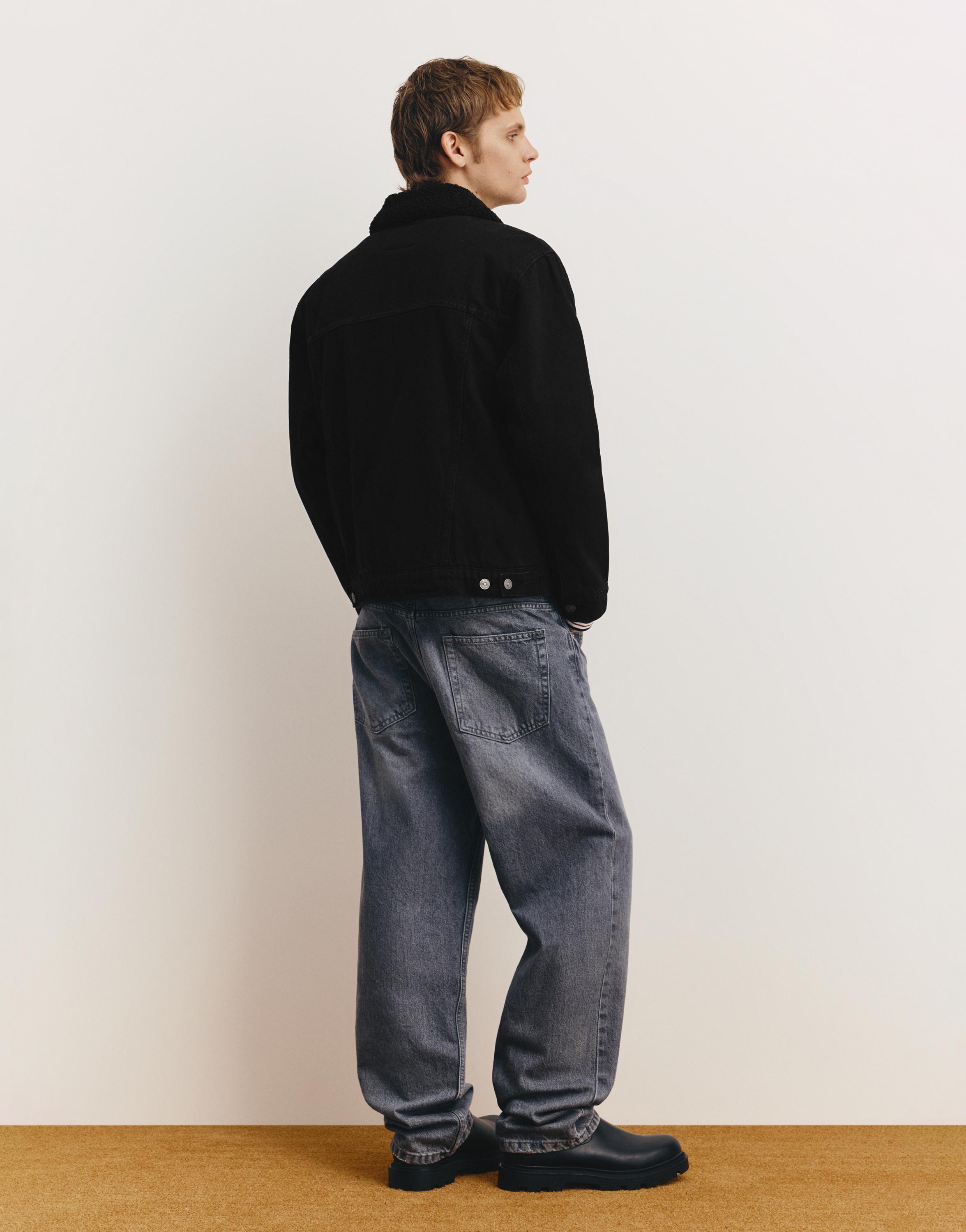 Denim jacket with faux shearling collar — Faded black
