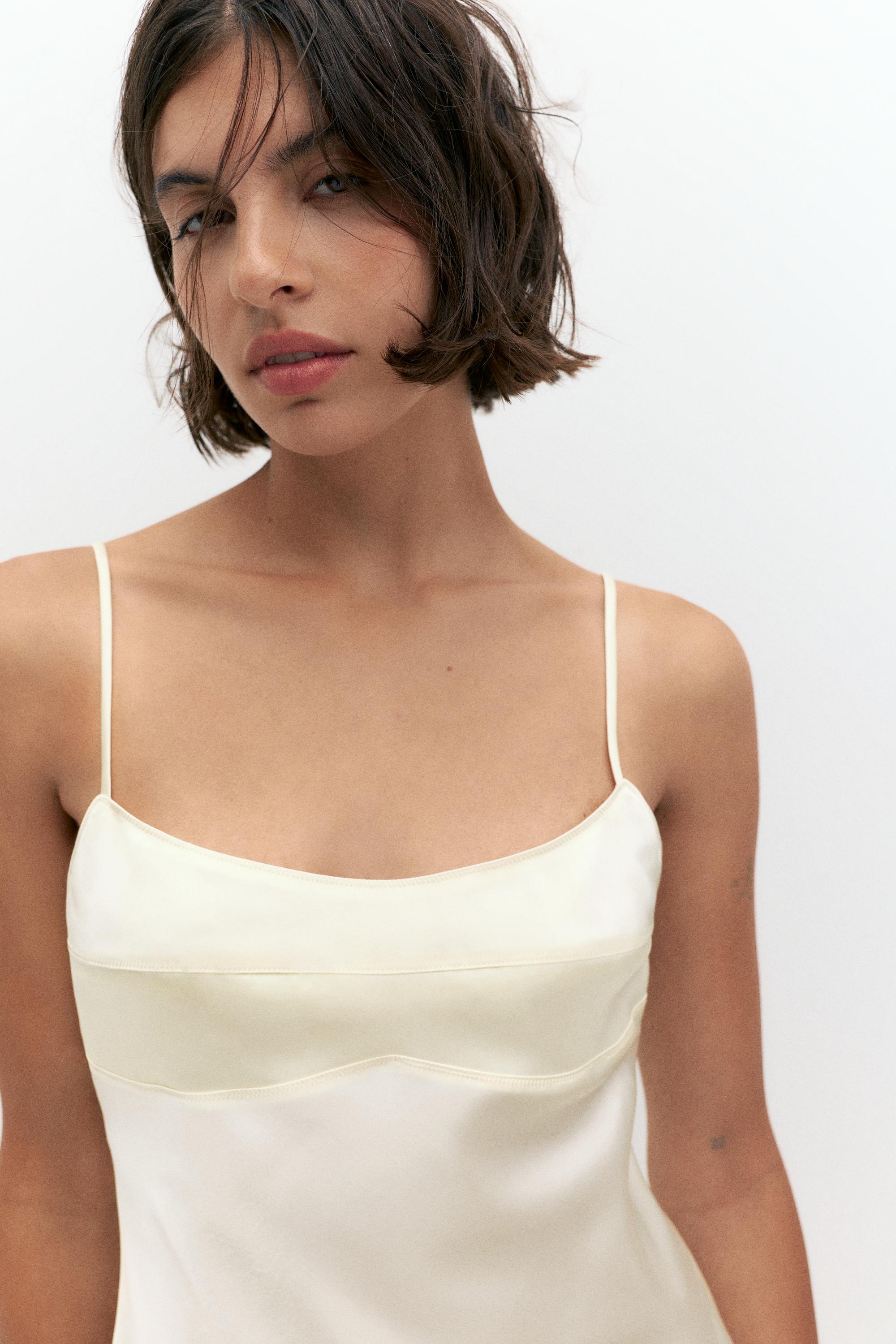 Short satin strappy dress — Ecru