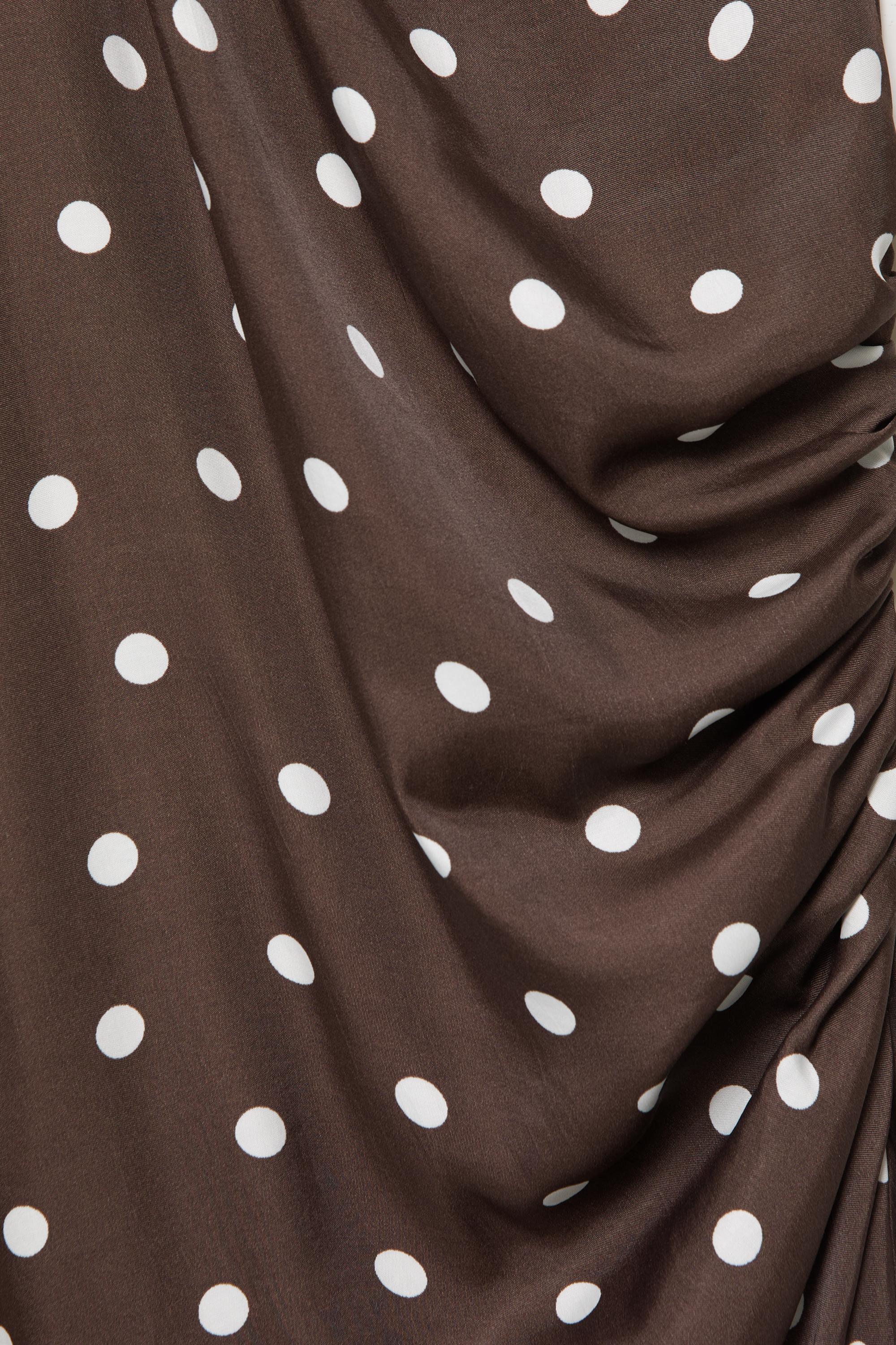 Draped polka dot satin dress — Brown