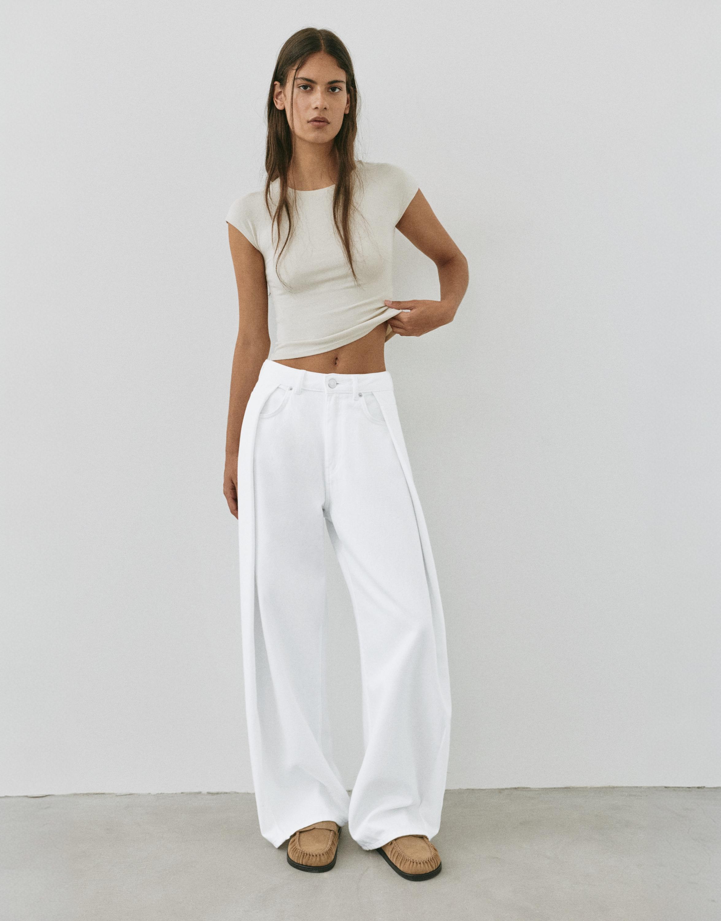 Pleated balloon fit baggy jeans — White