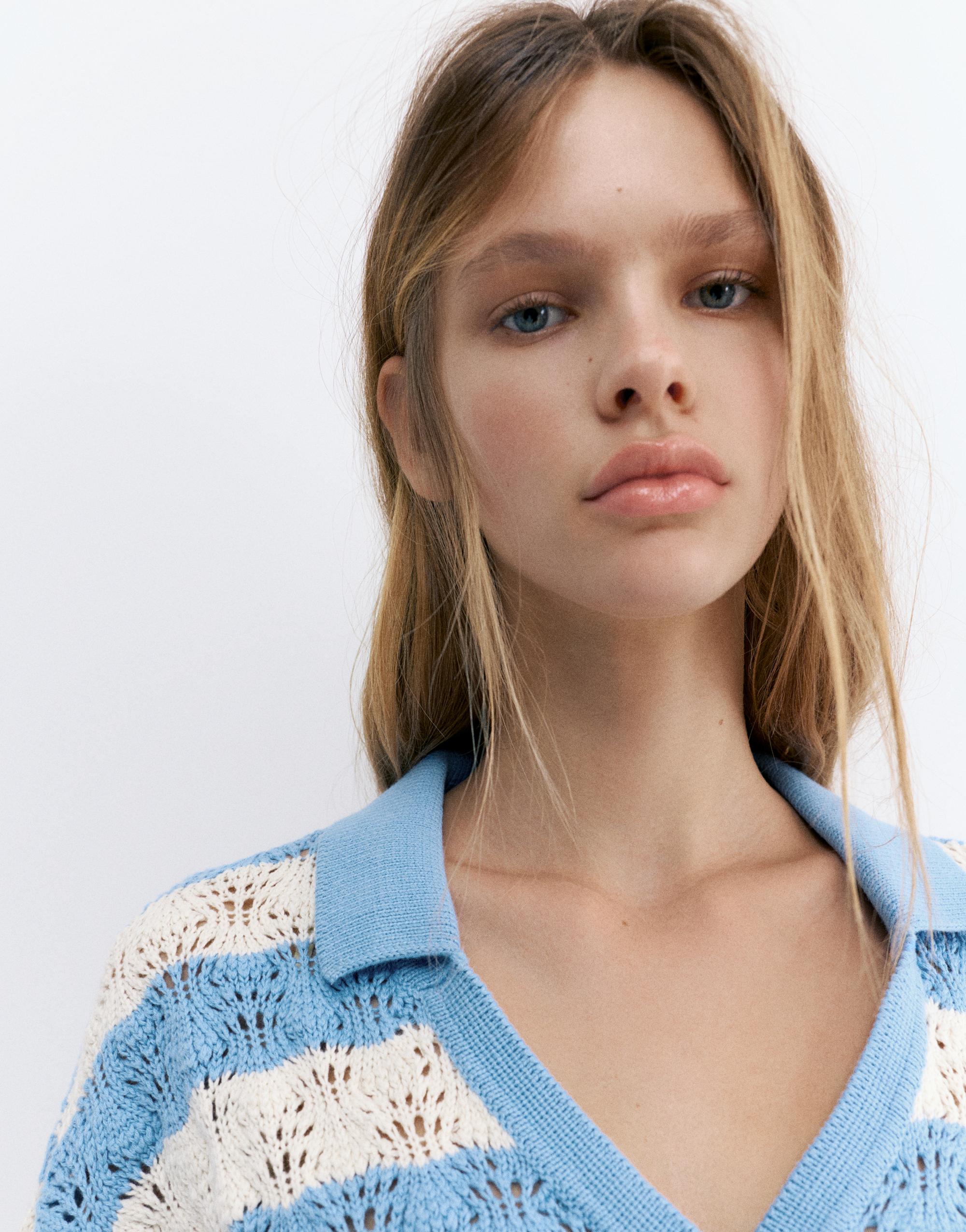 Kroşe çizgili polo tişört - Görsel 9