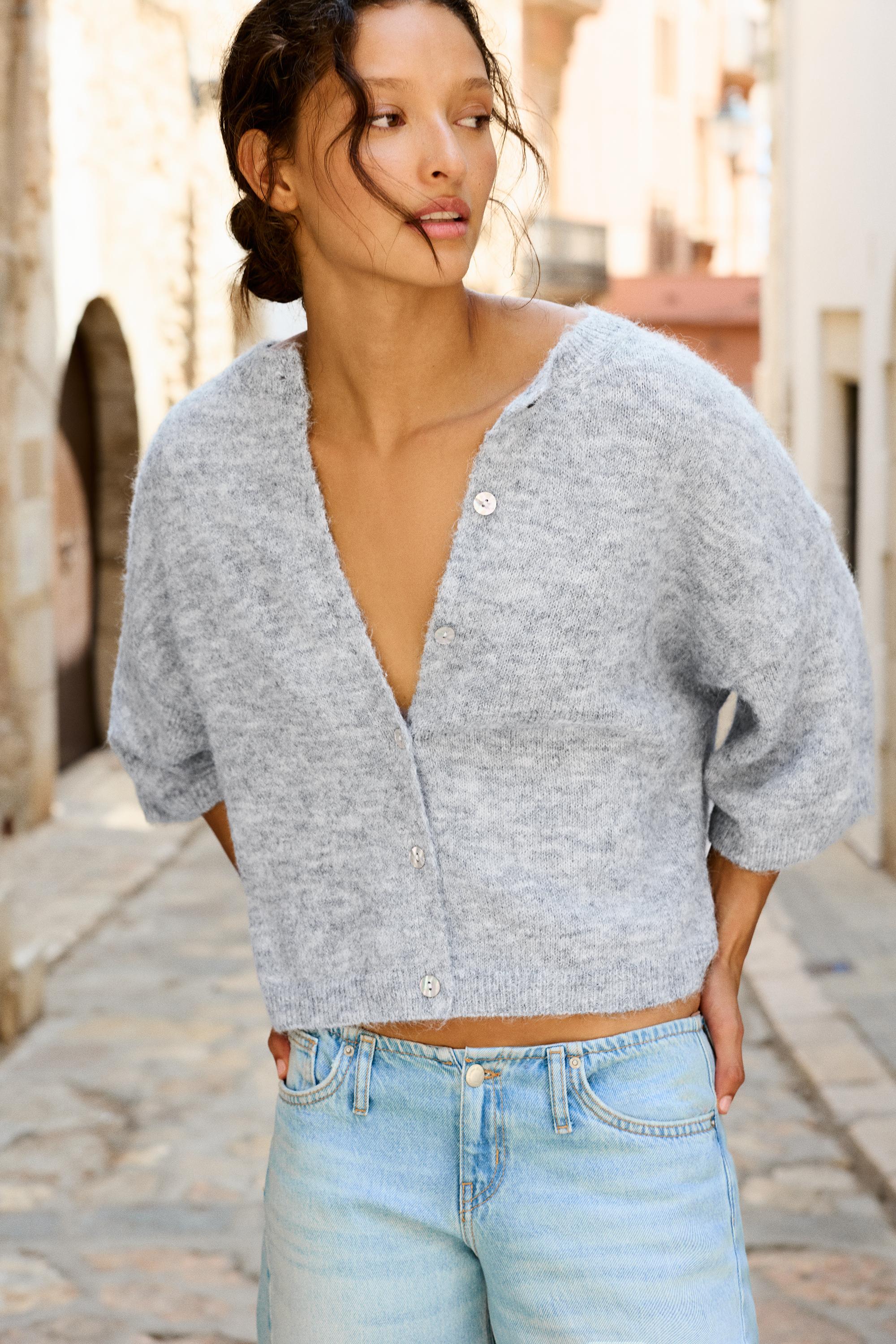Short sleeve cardigan — Grey marl