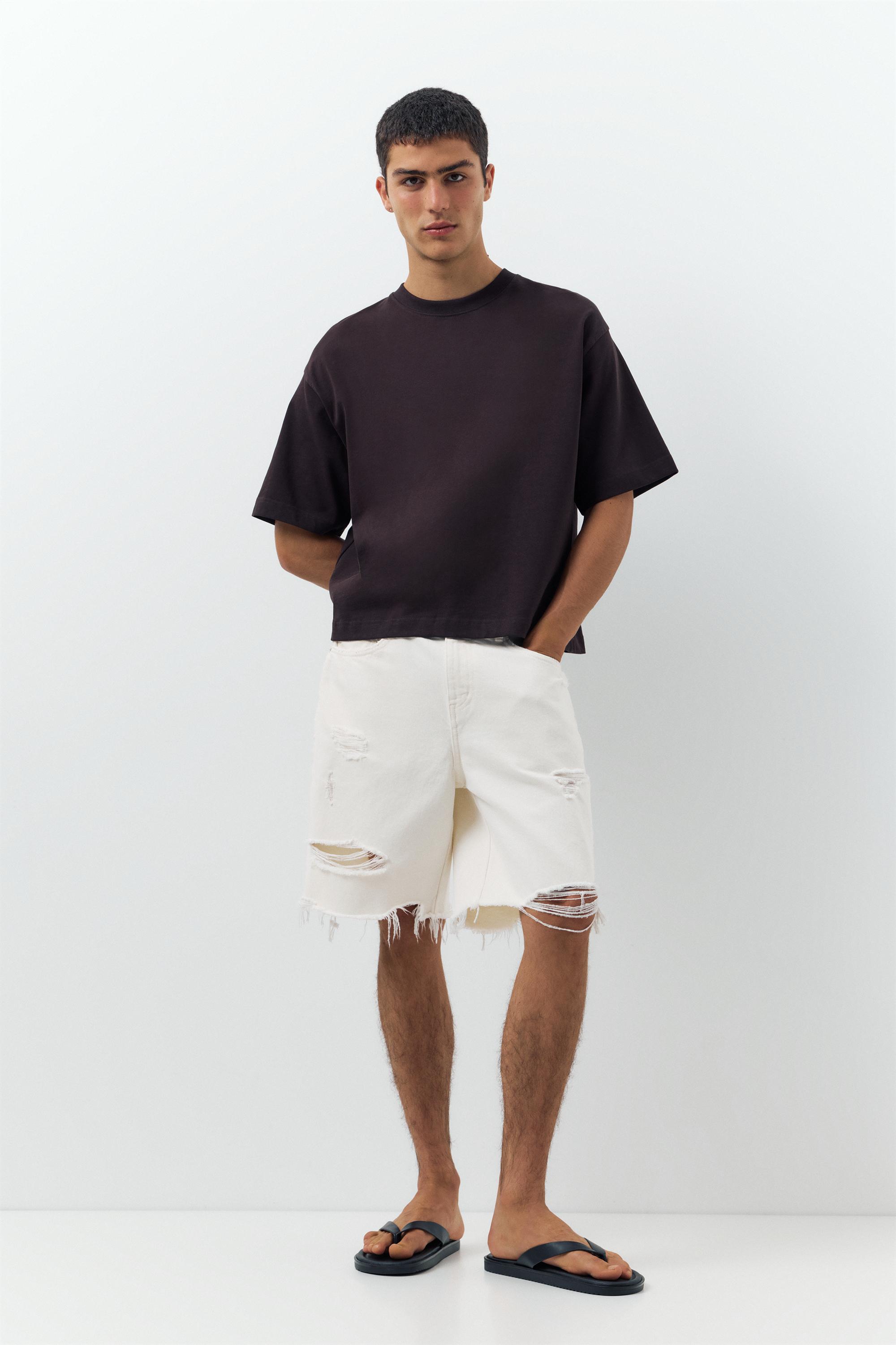 Straight-leg denim Bermuda shorts — Ecru