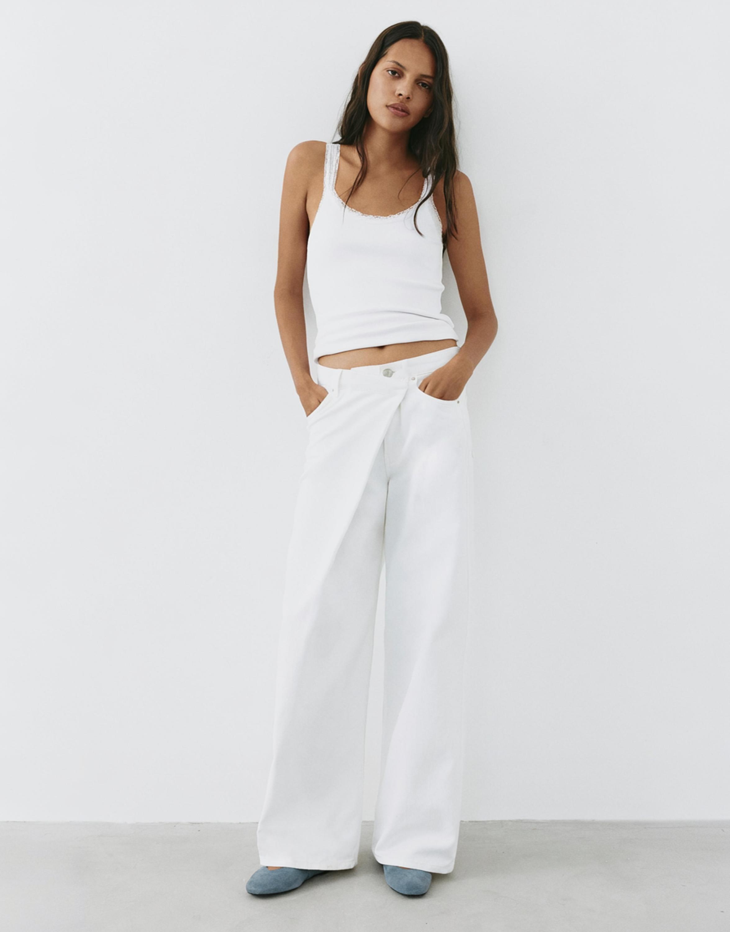 White crossover waist baggy jeans — White