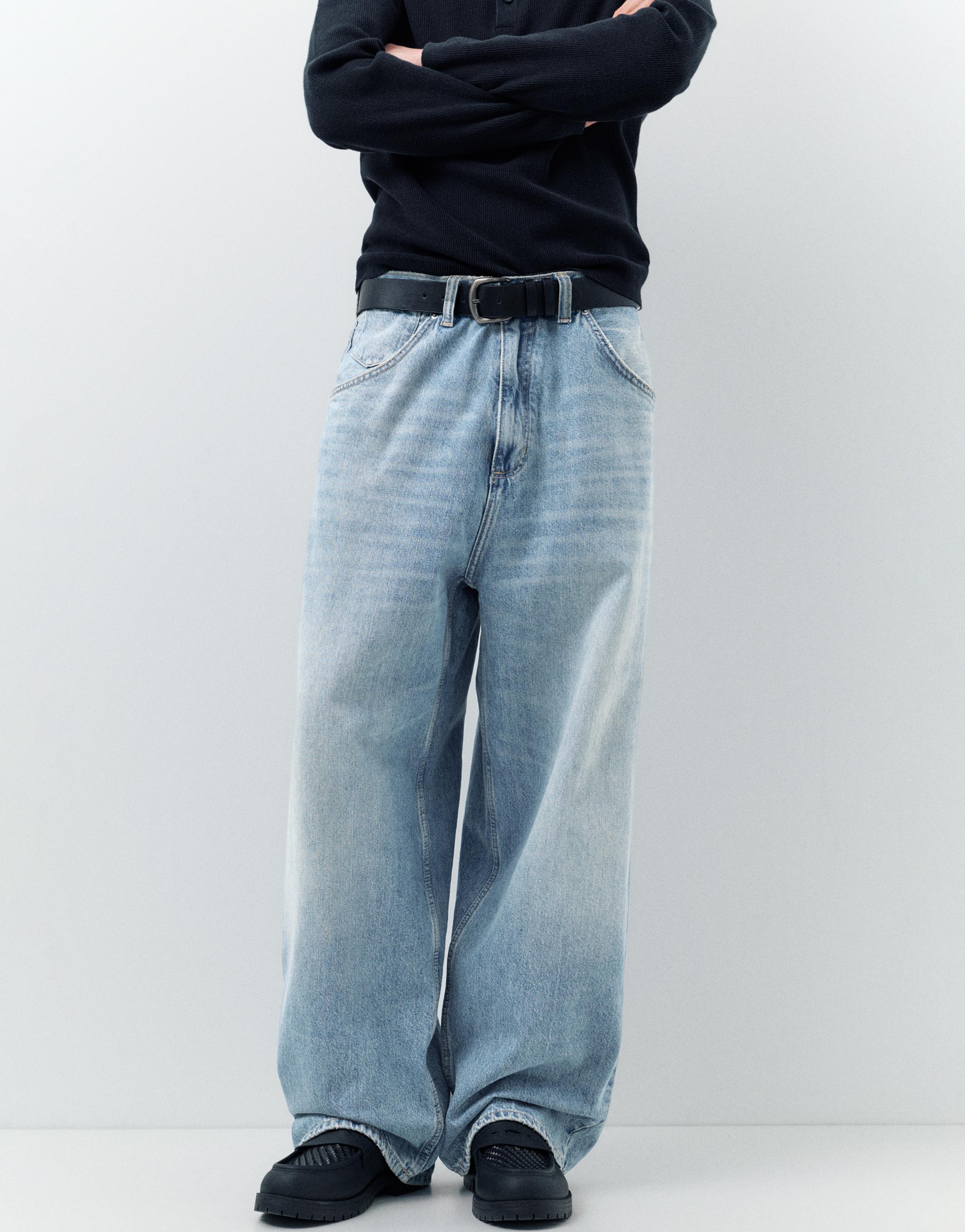 Embroidered super baggy jeans — Medium blue