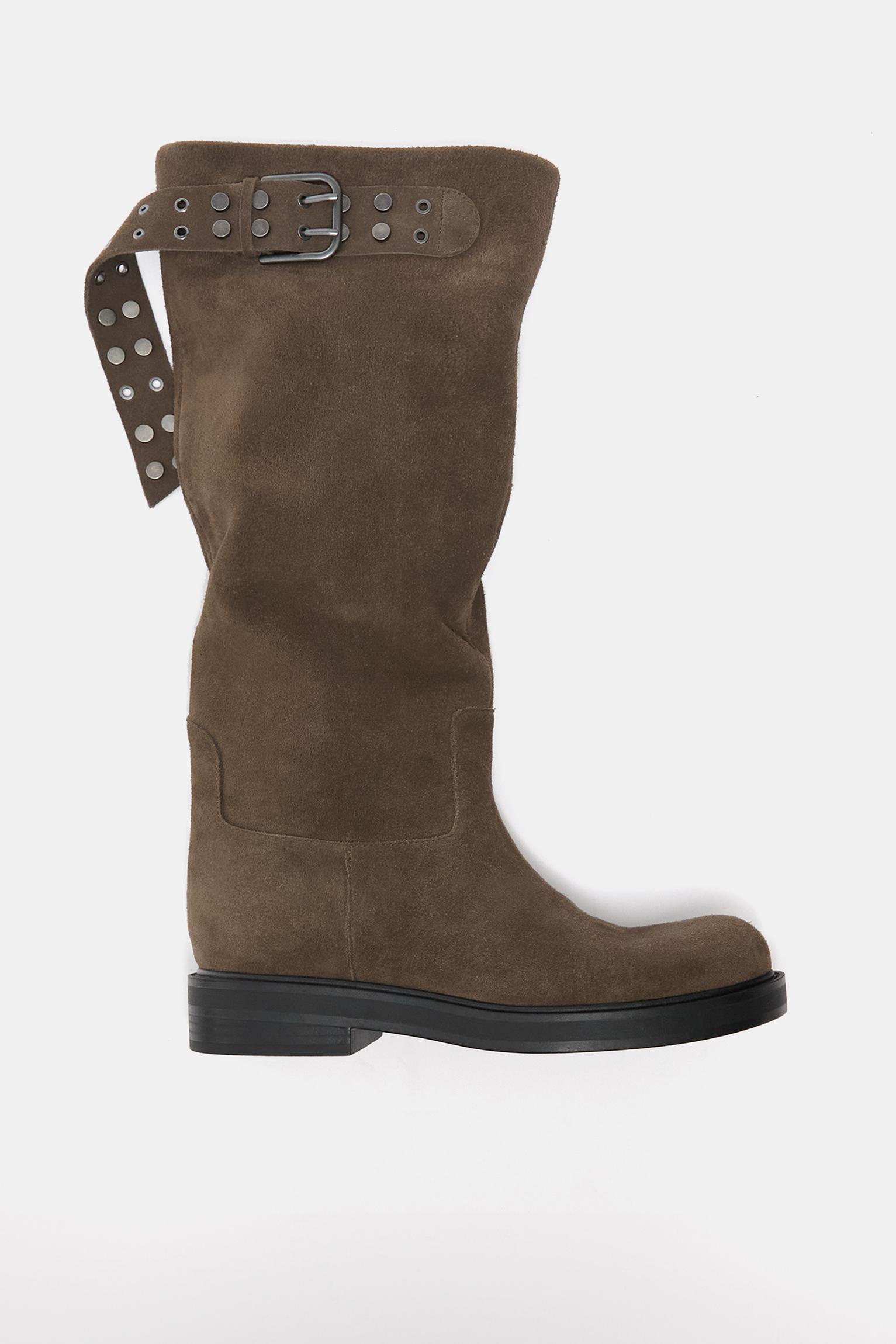 Tall leather buckle boots — Taupe