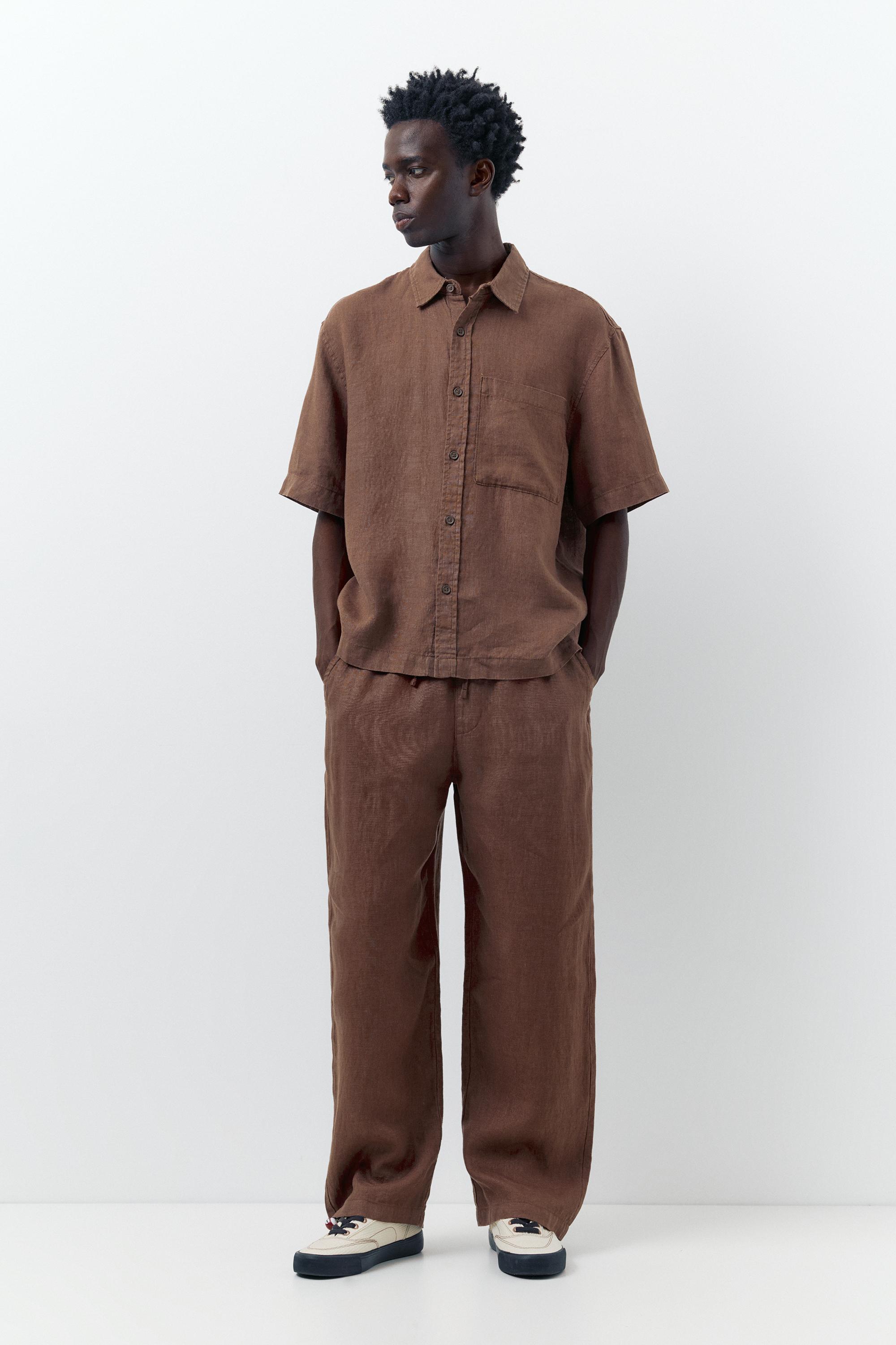 100% linen short sleeve shirt — Brown