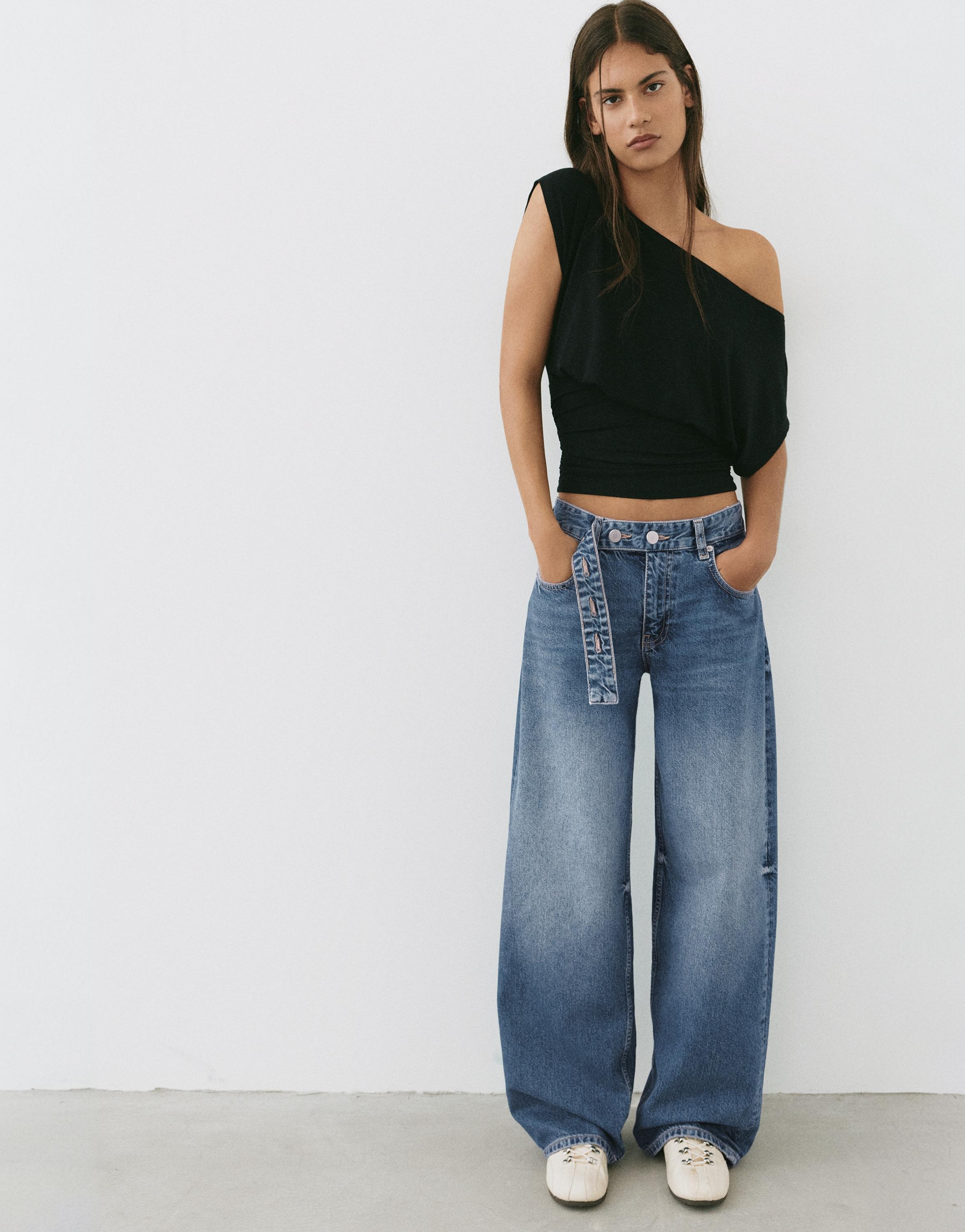 Relaxed fit baggy jeans with belt — Dark blue