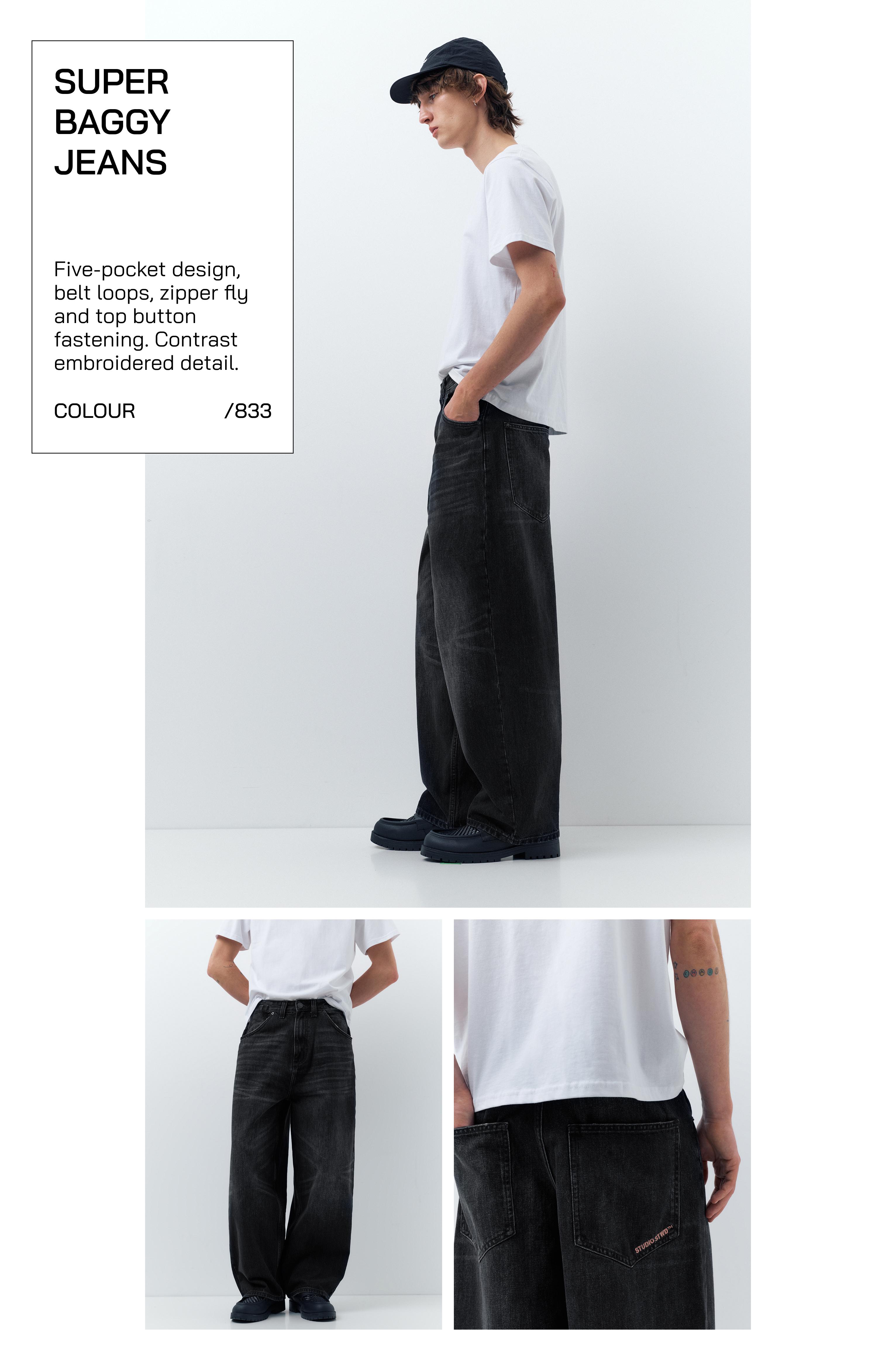 Embroidered super baggy jeans — Faded black