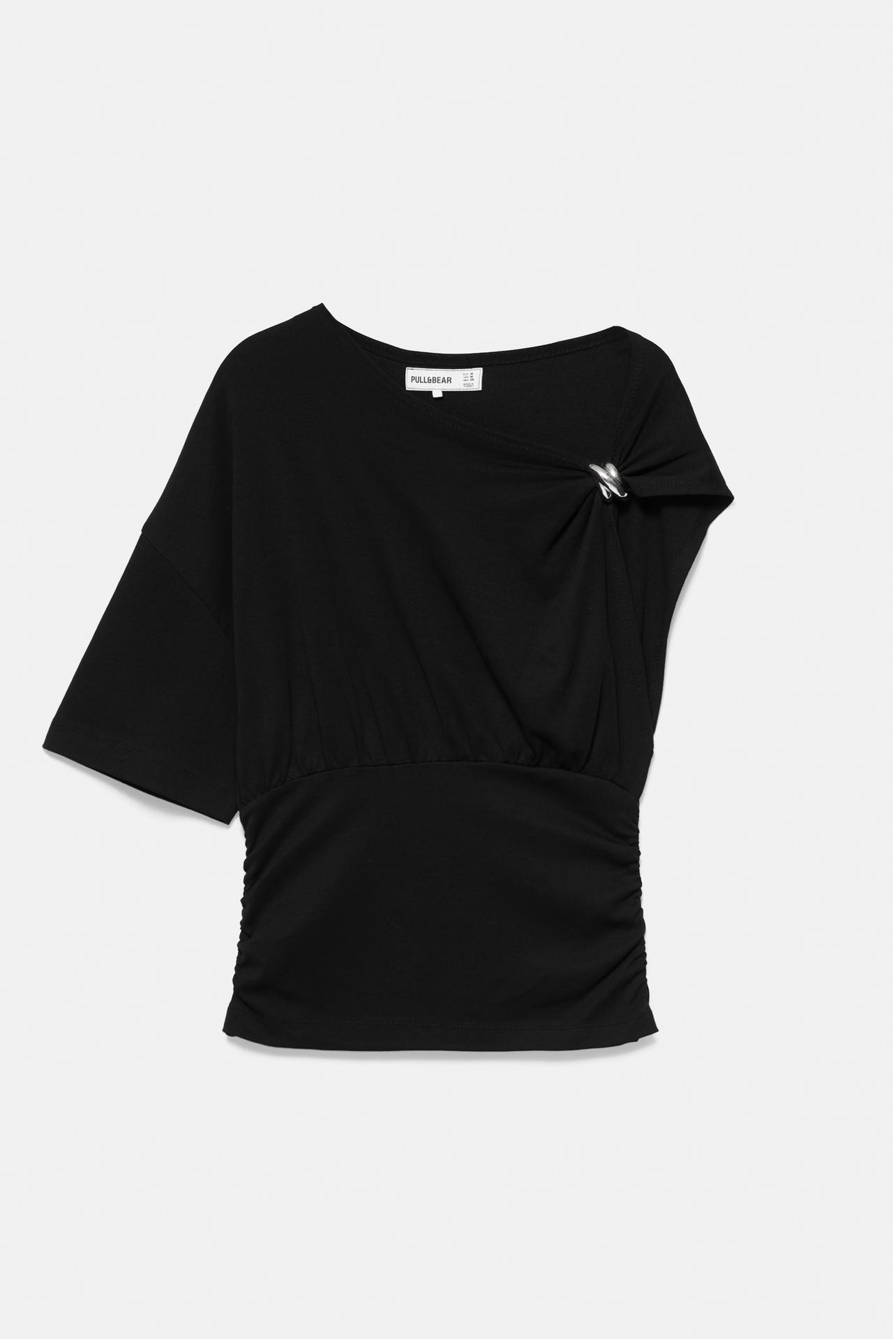 Asymmetric appliqué top — Black