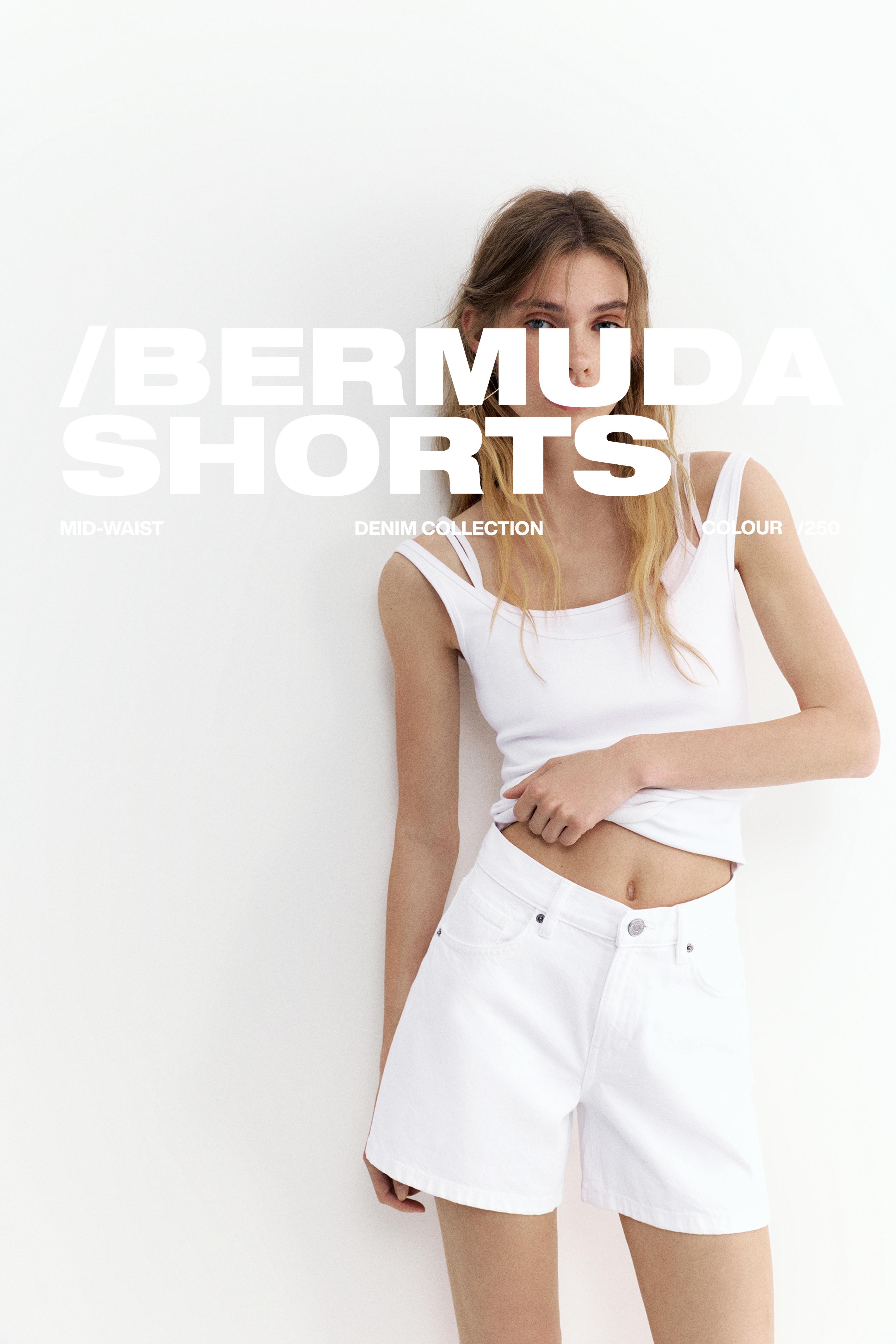 Mid-waist denim Bermuda shorts — White