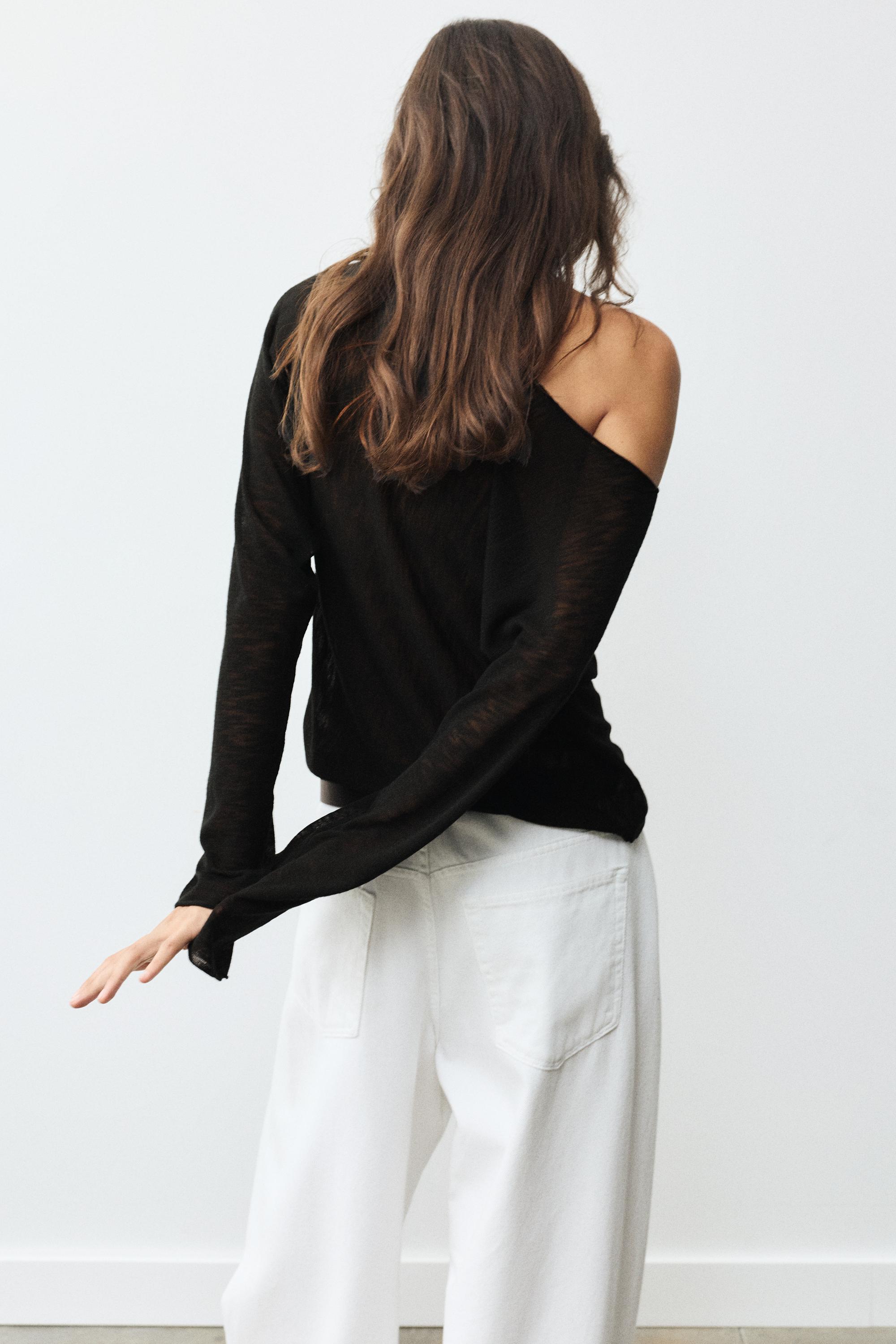 Fine knit asymmetric T-shirt — Black