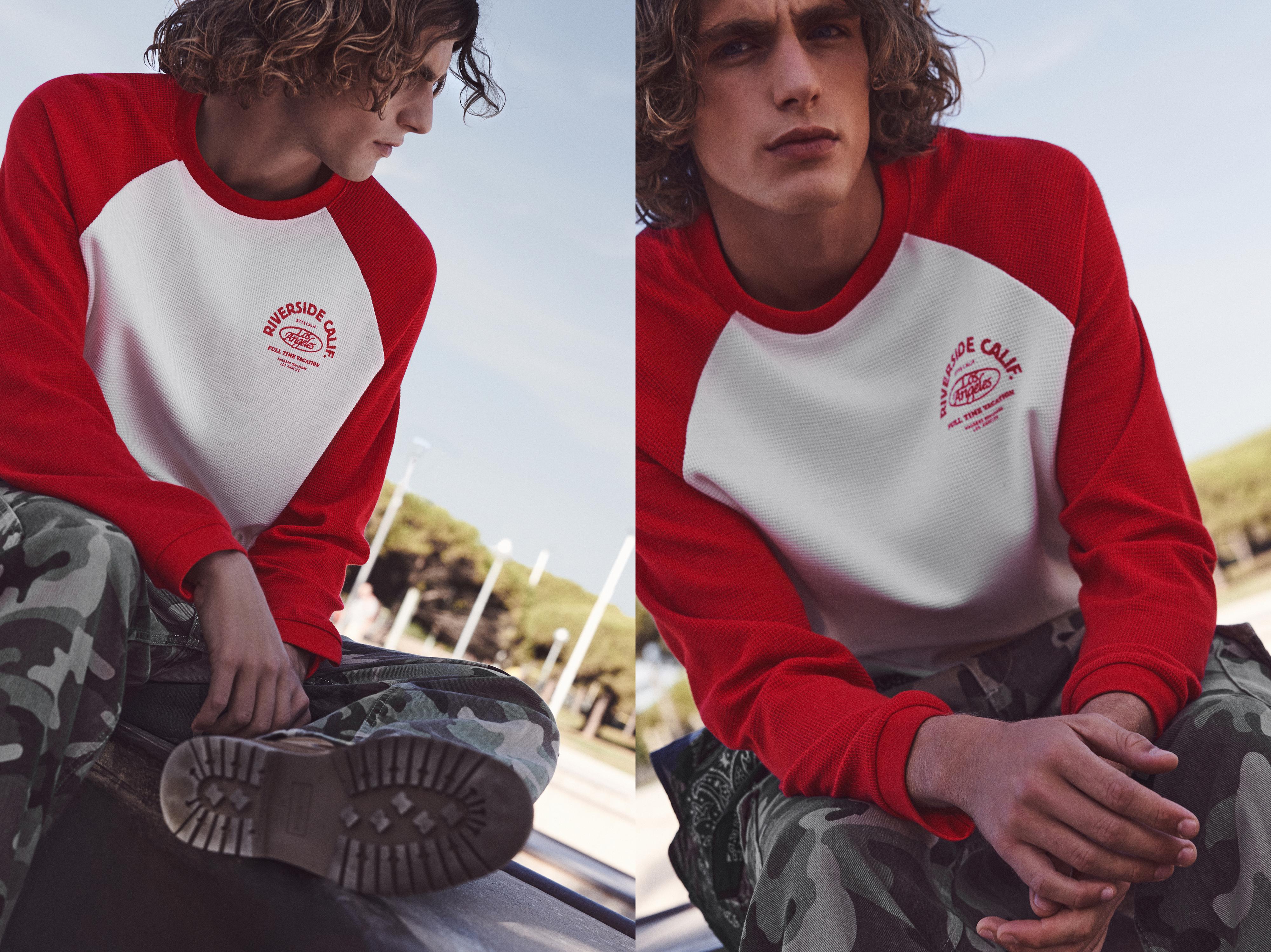 Waffle-knit raglan sleeve T-shirt — Red