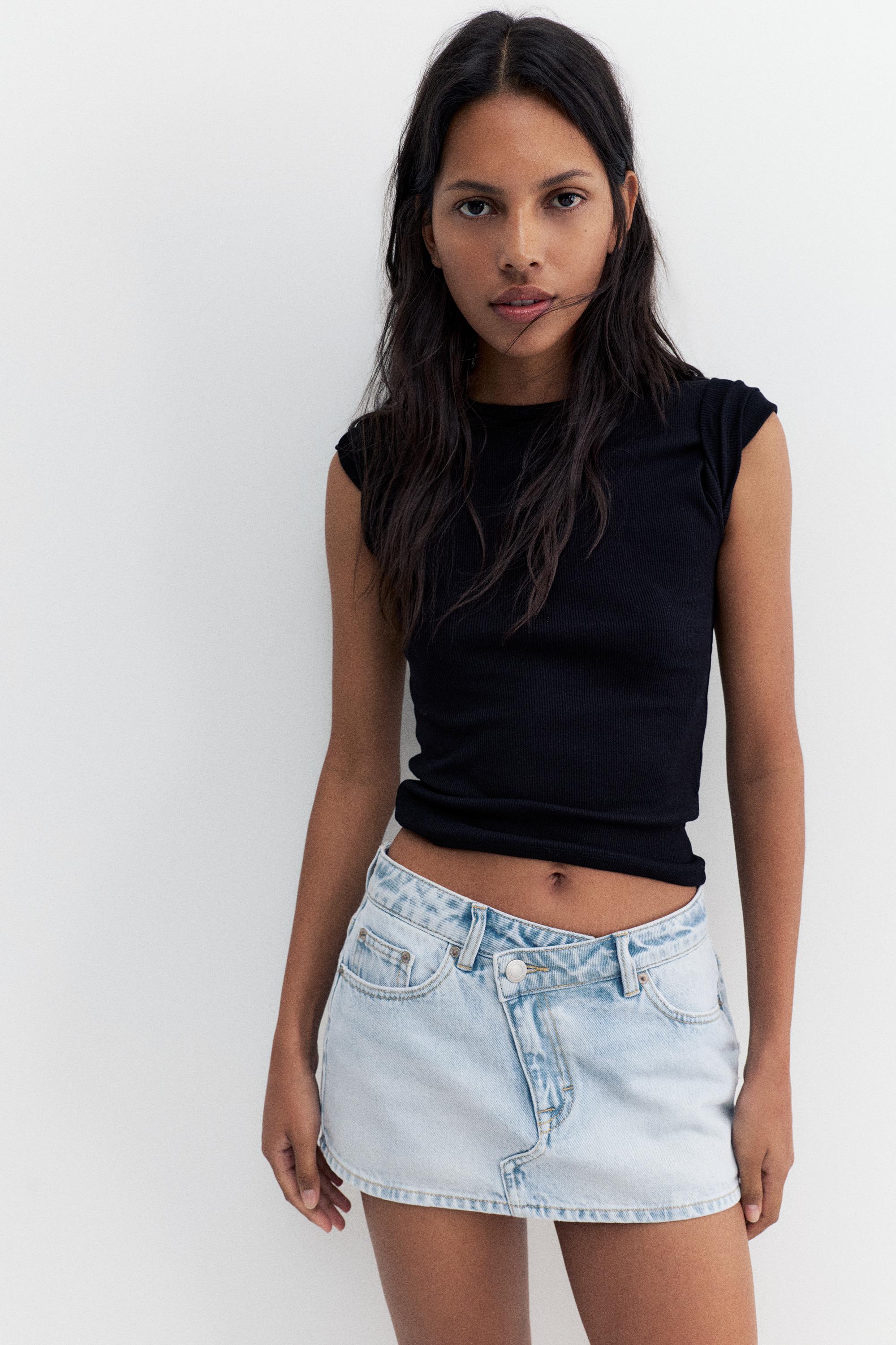 Cross-waist denim skort — Pale blue