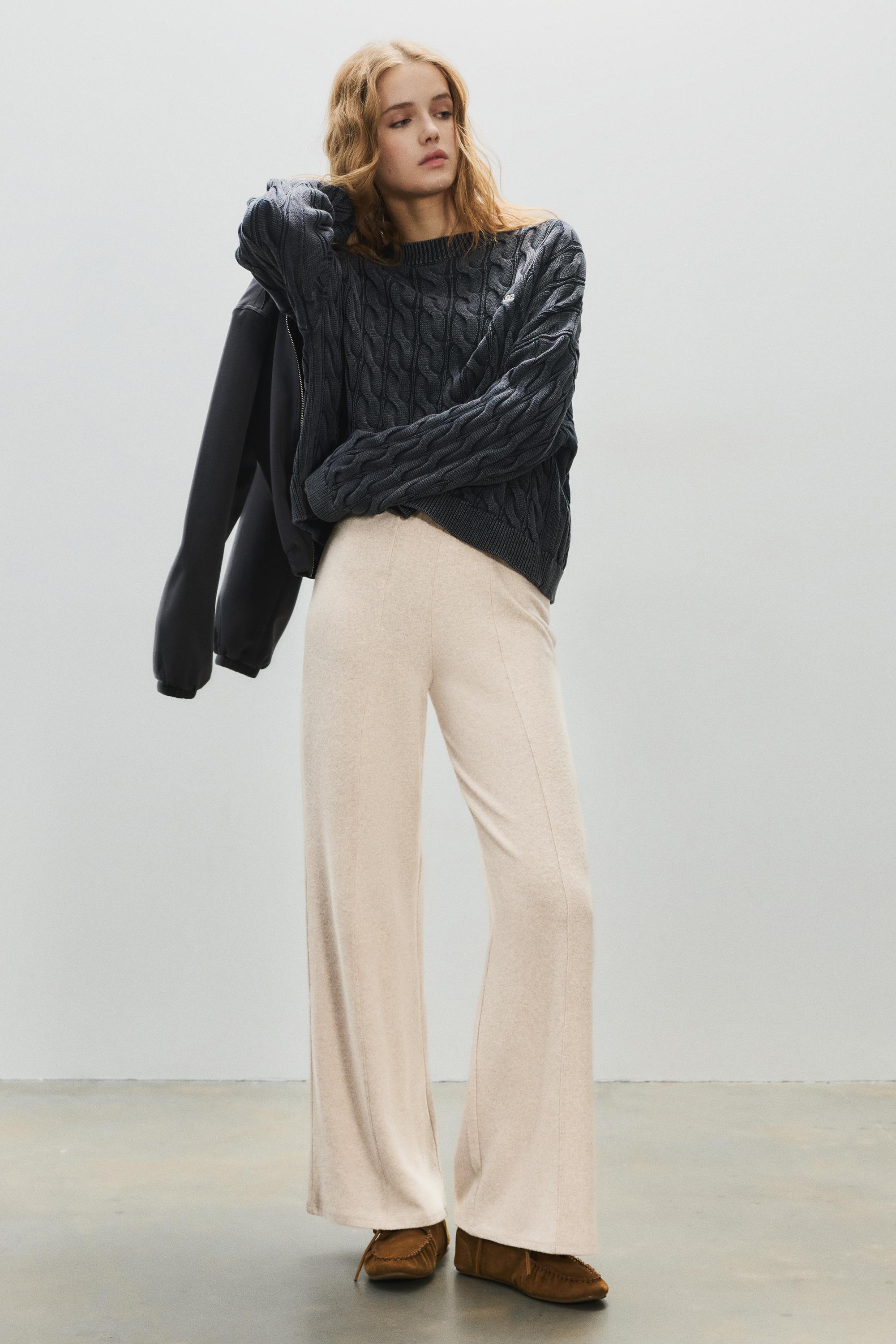 Wide-leg soft touch trousers — Ecru