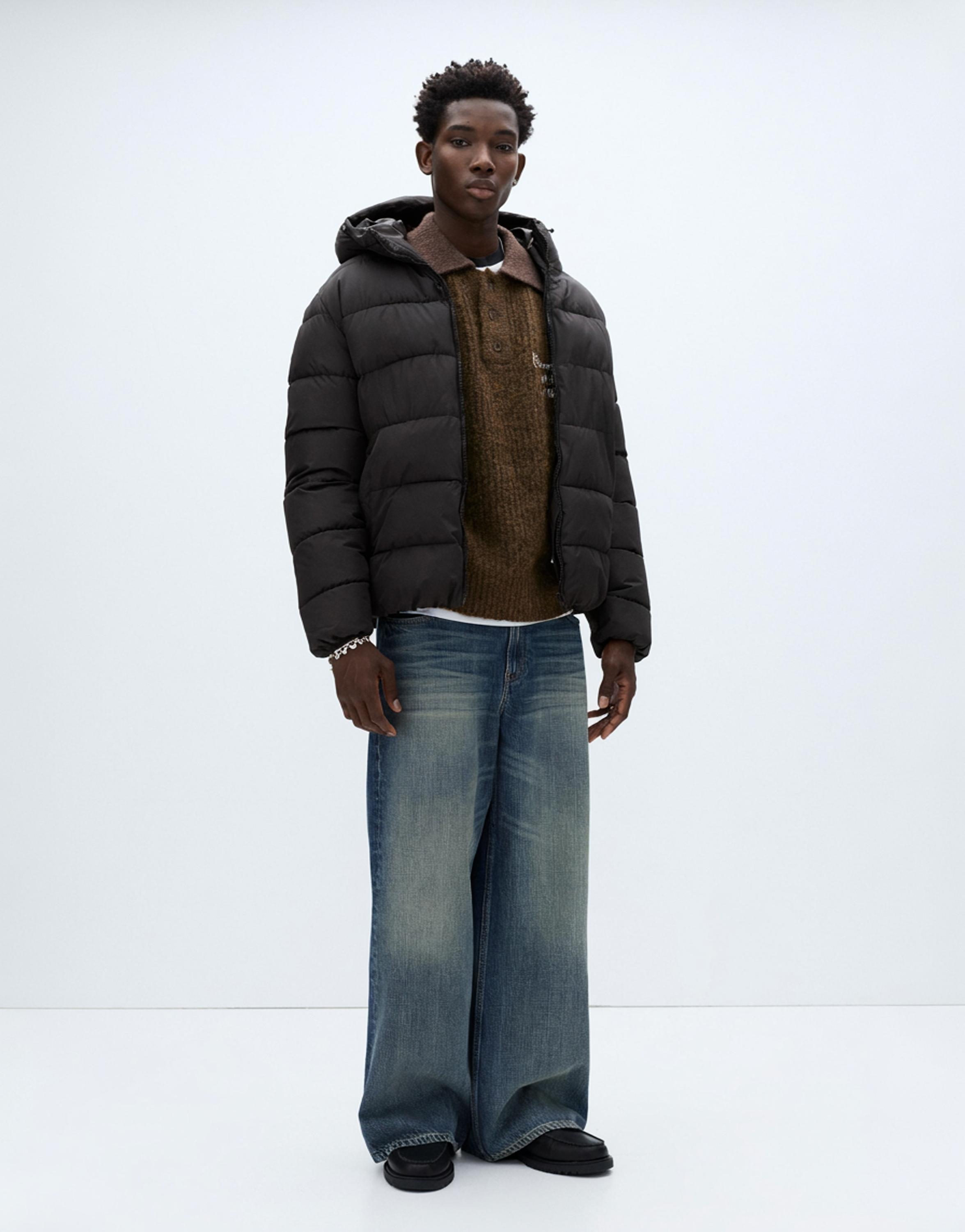 Lightweight puffer jacket with hood — Black