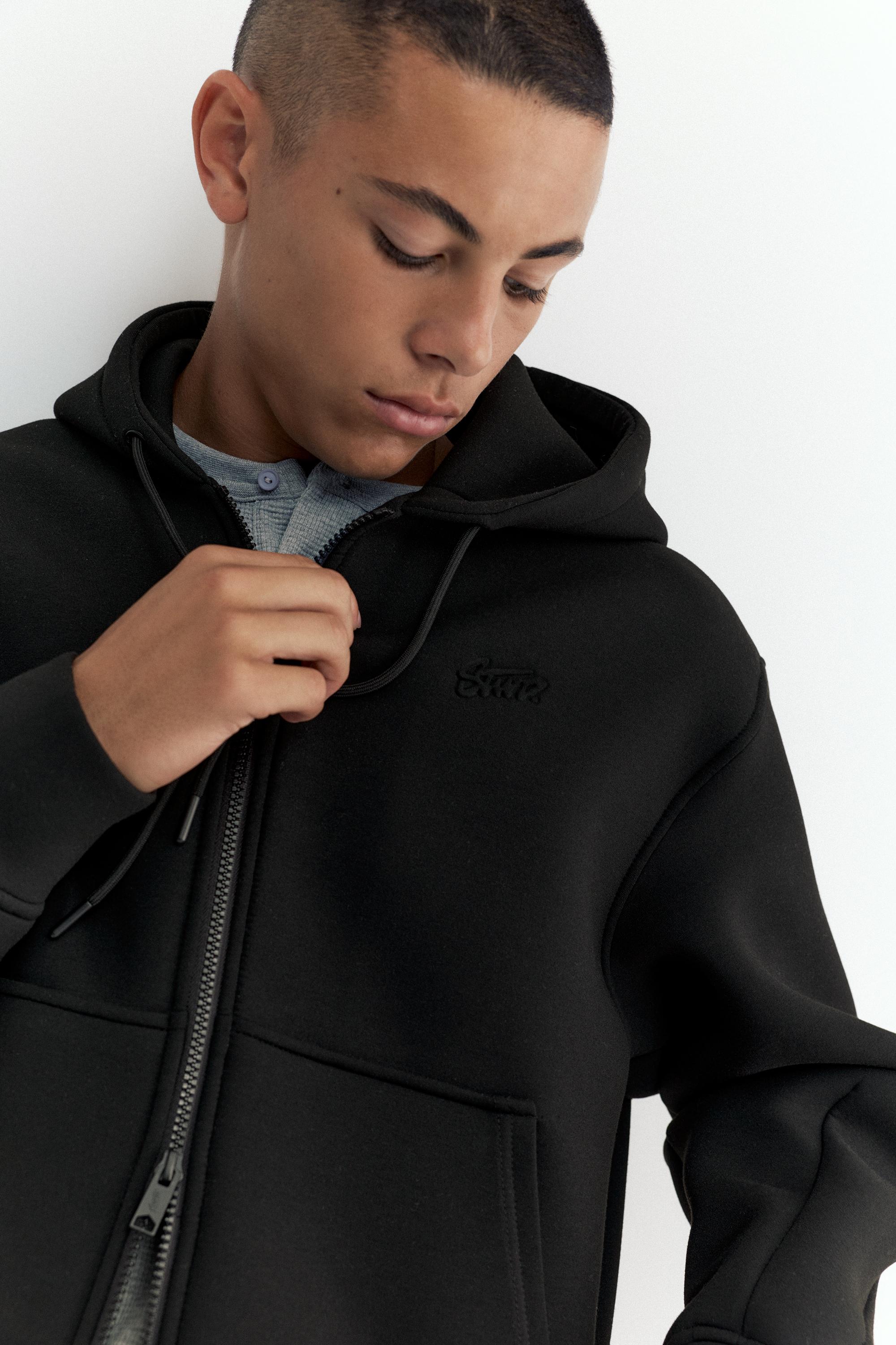 Neoprene-effect zip-up hoodie — Black