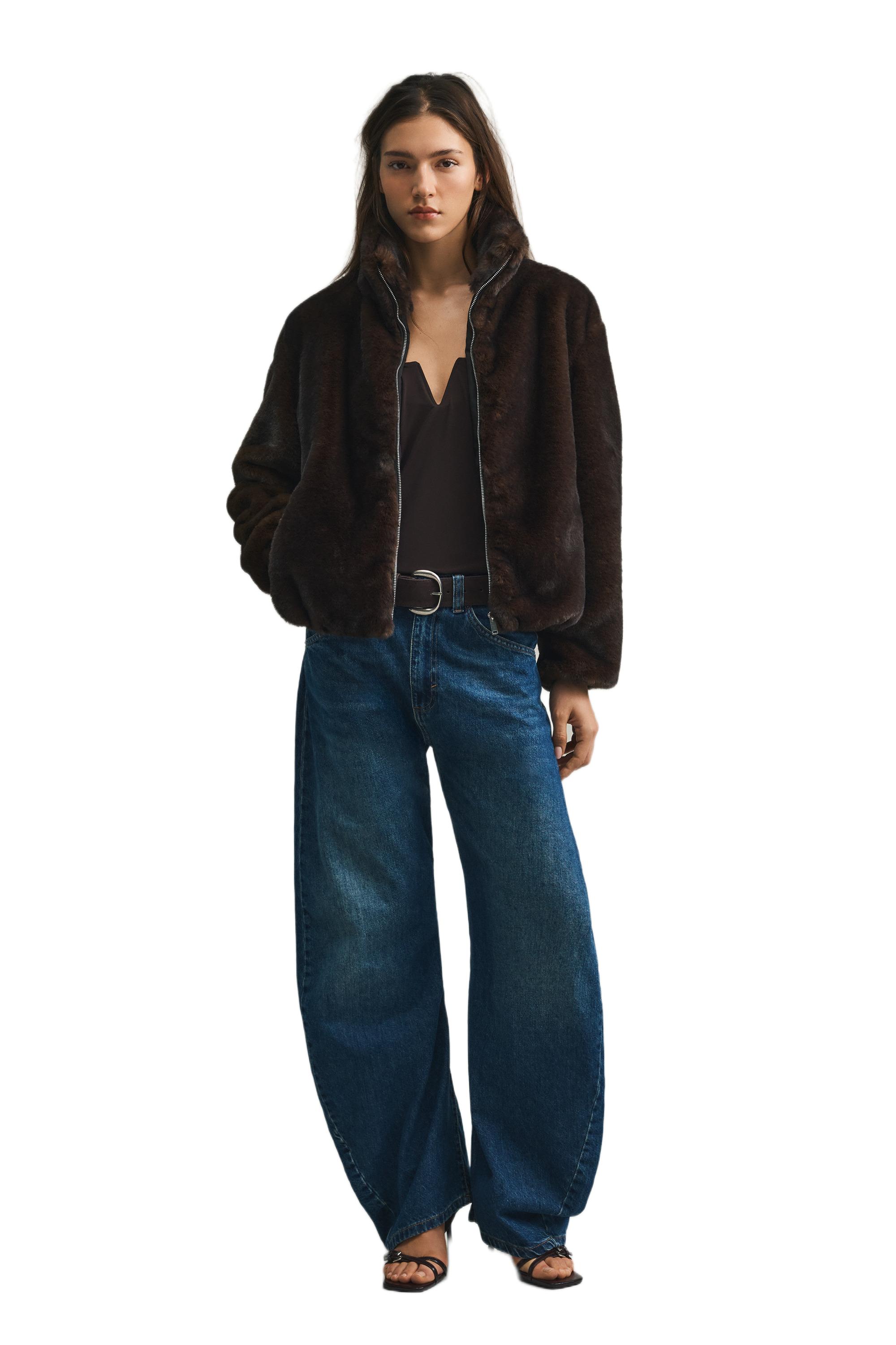 Dik yaka suni kürk ceket - Görsel 15