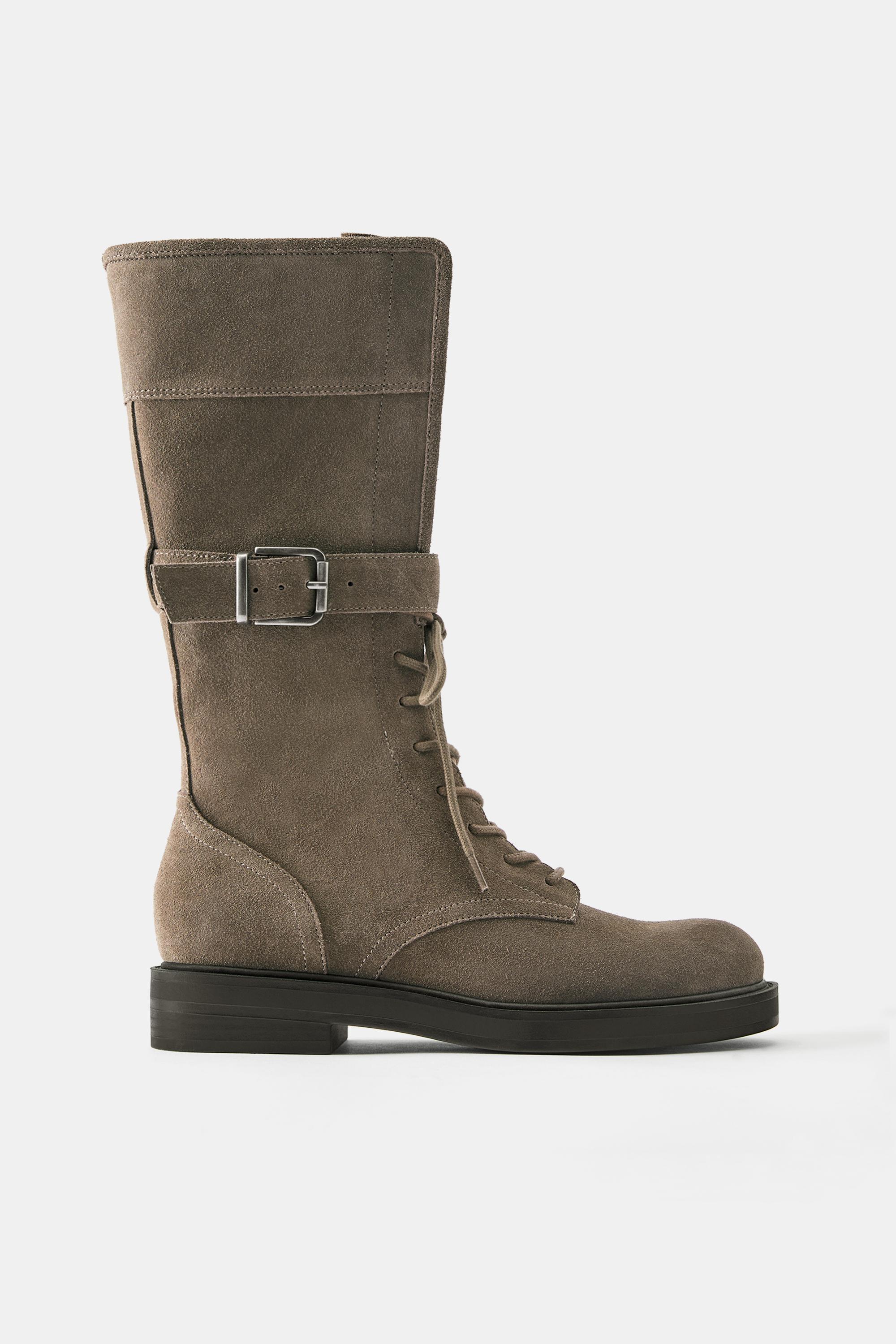 Lace-up flat leather boots — Taupe