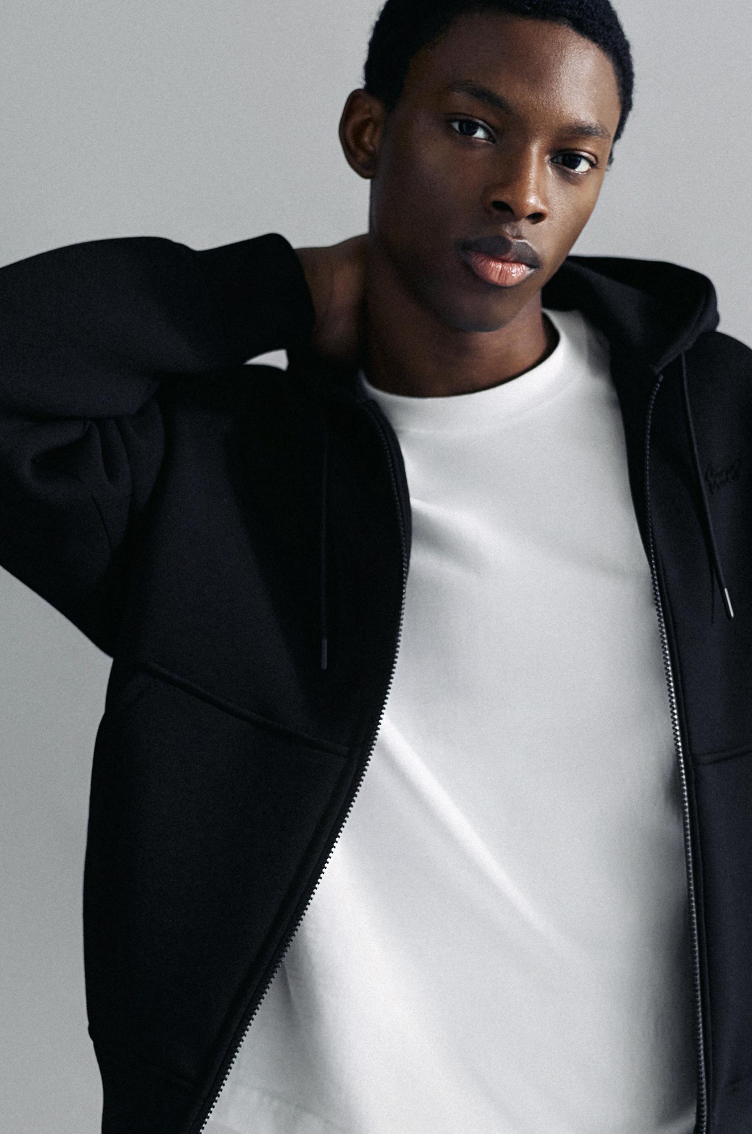 Neoprene-effect zip-up hoodie — Black
