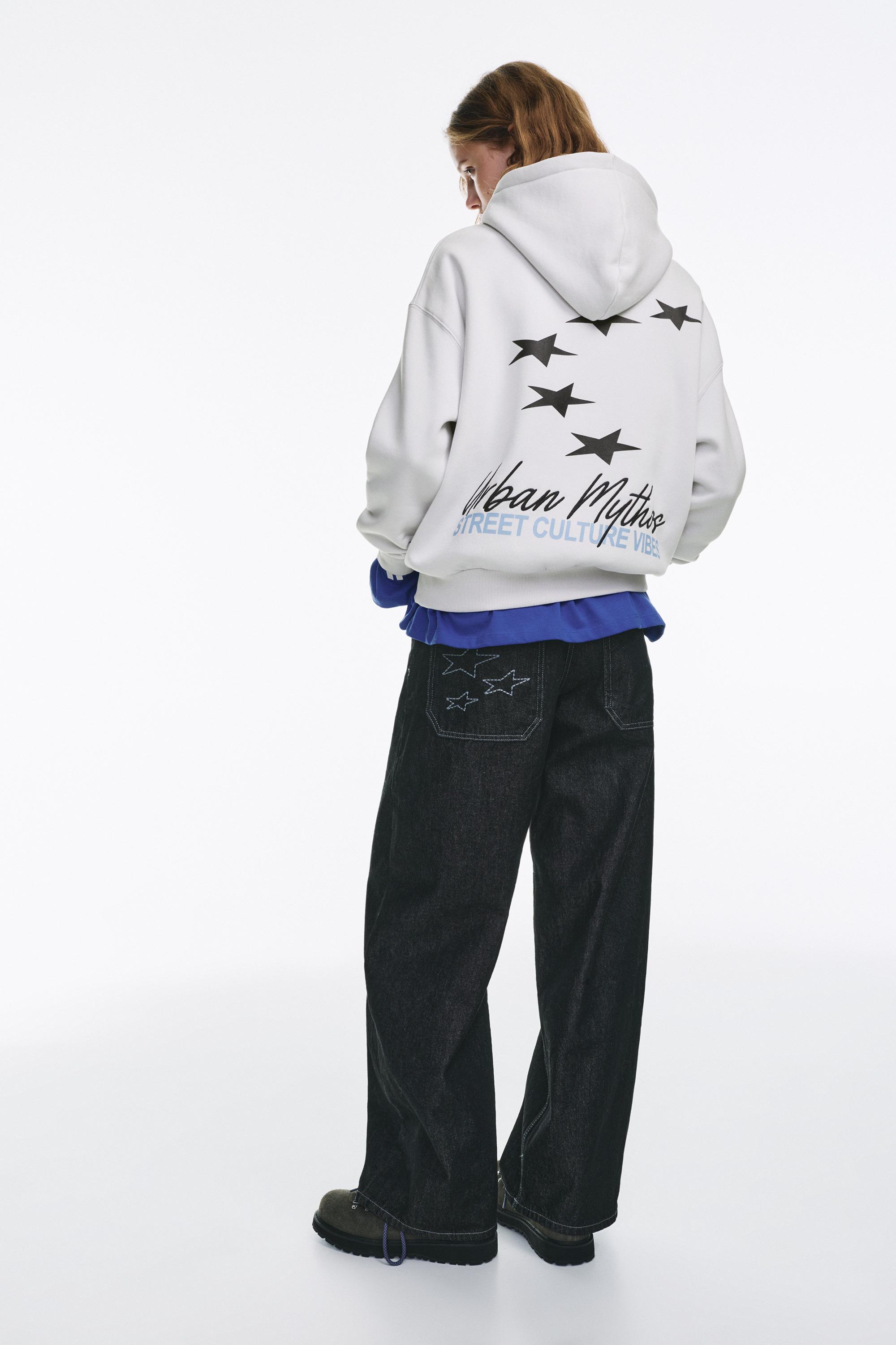 Yazılı yıldız desenli kapüşonlu sweatshirt - Görsel 6