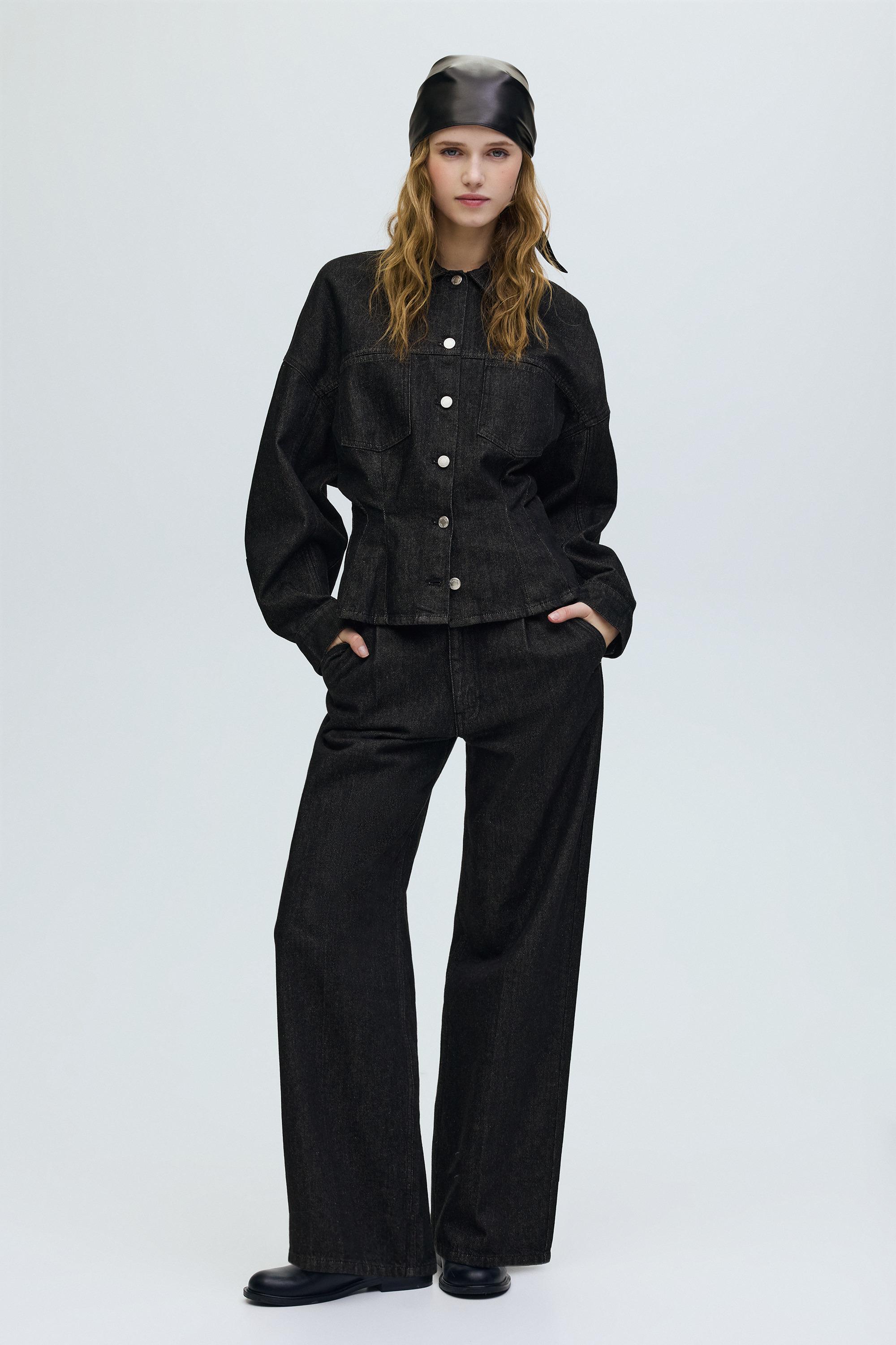Fitted denim shirt with pleats — Black