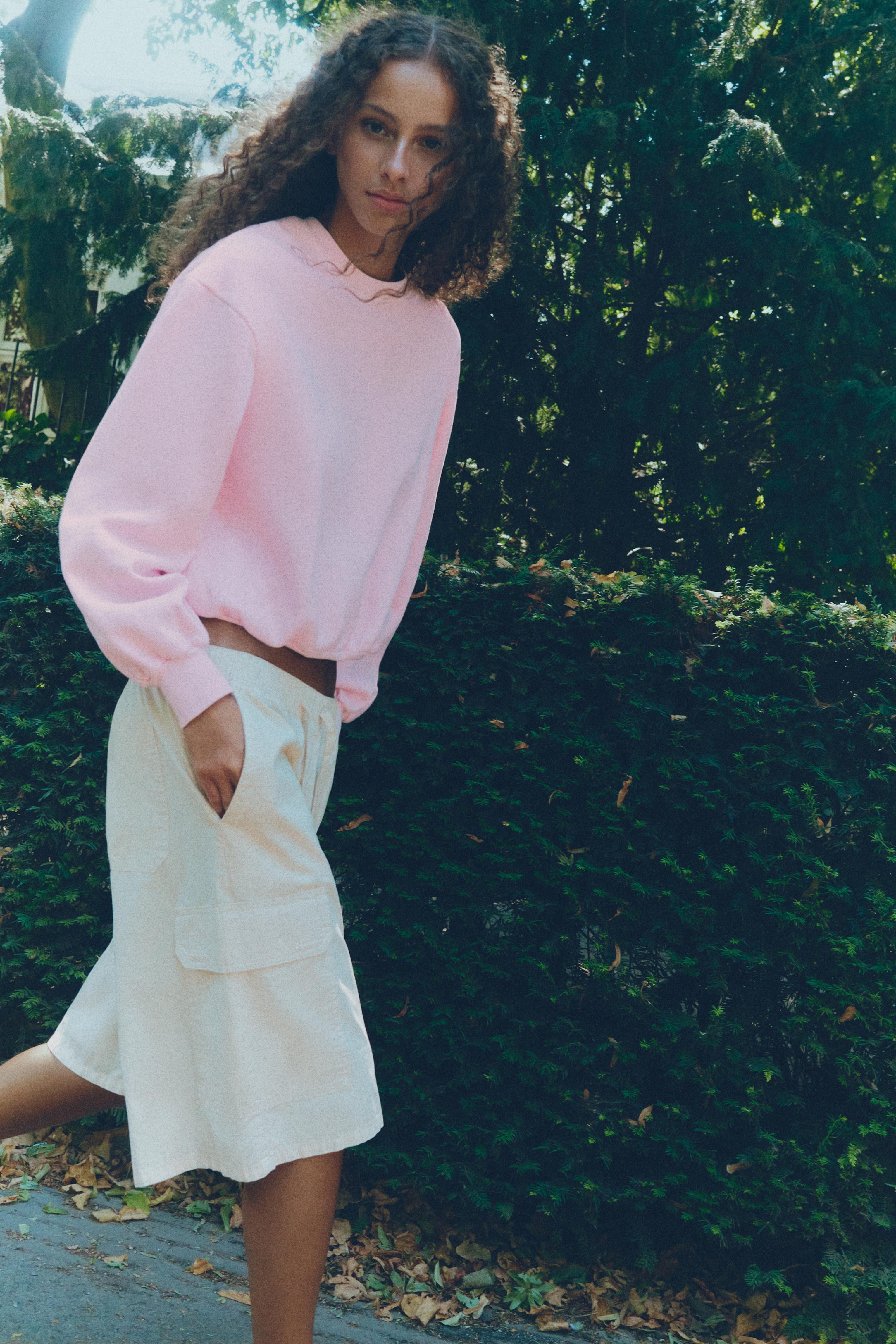 Cropped round neck sweatshirt — Pink