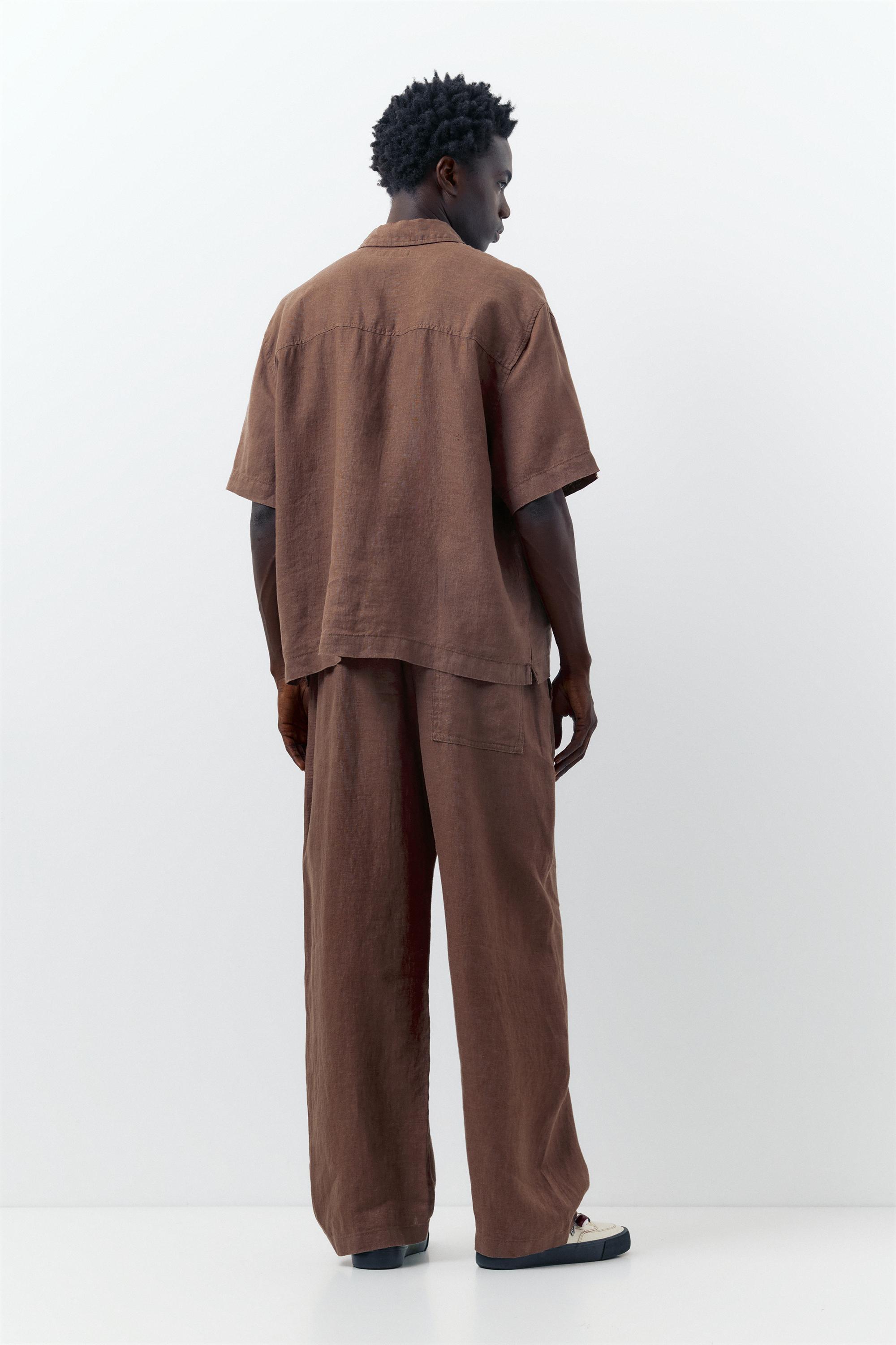 100% linen short sleeve shirt — Brown