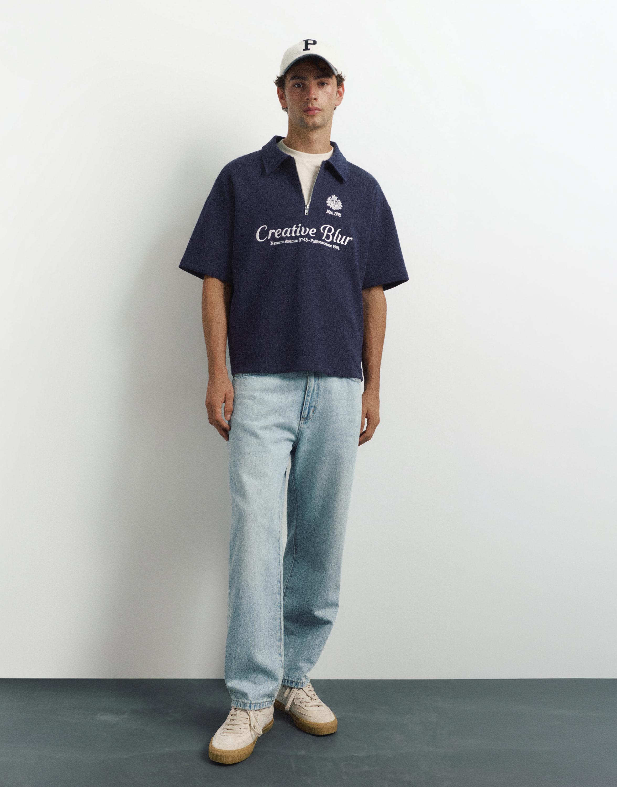 Interlock graphic polo shirt with zip — Navy