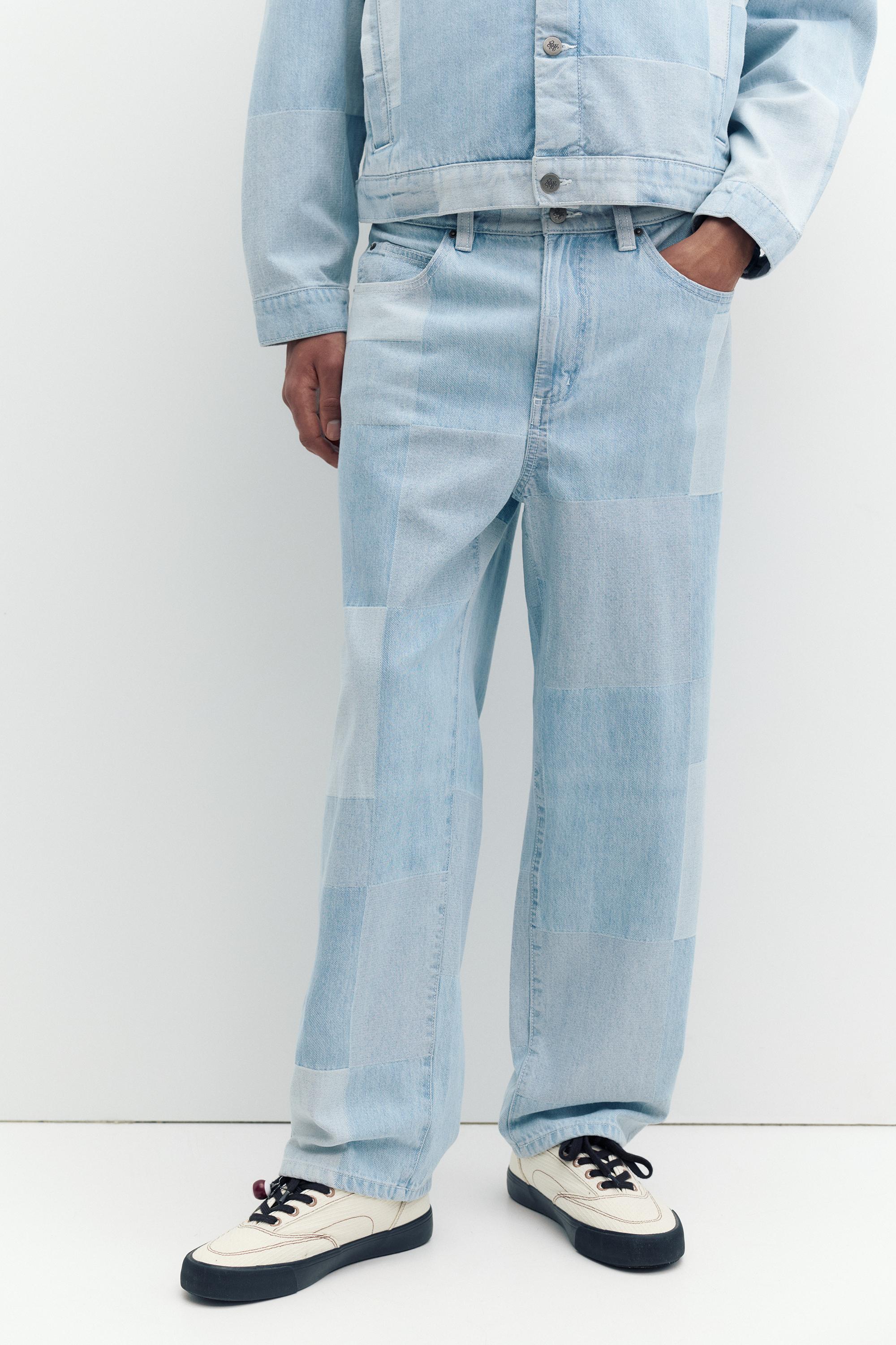 Baggy patchwork check jeans — Pale indigo