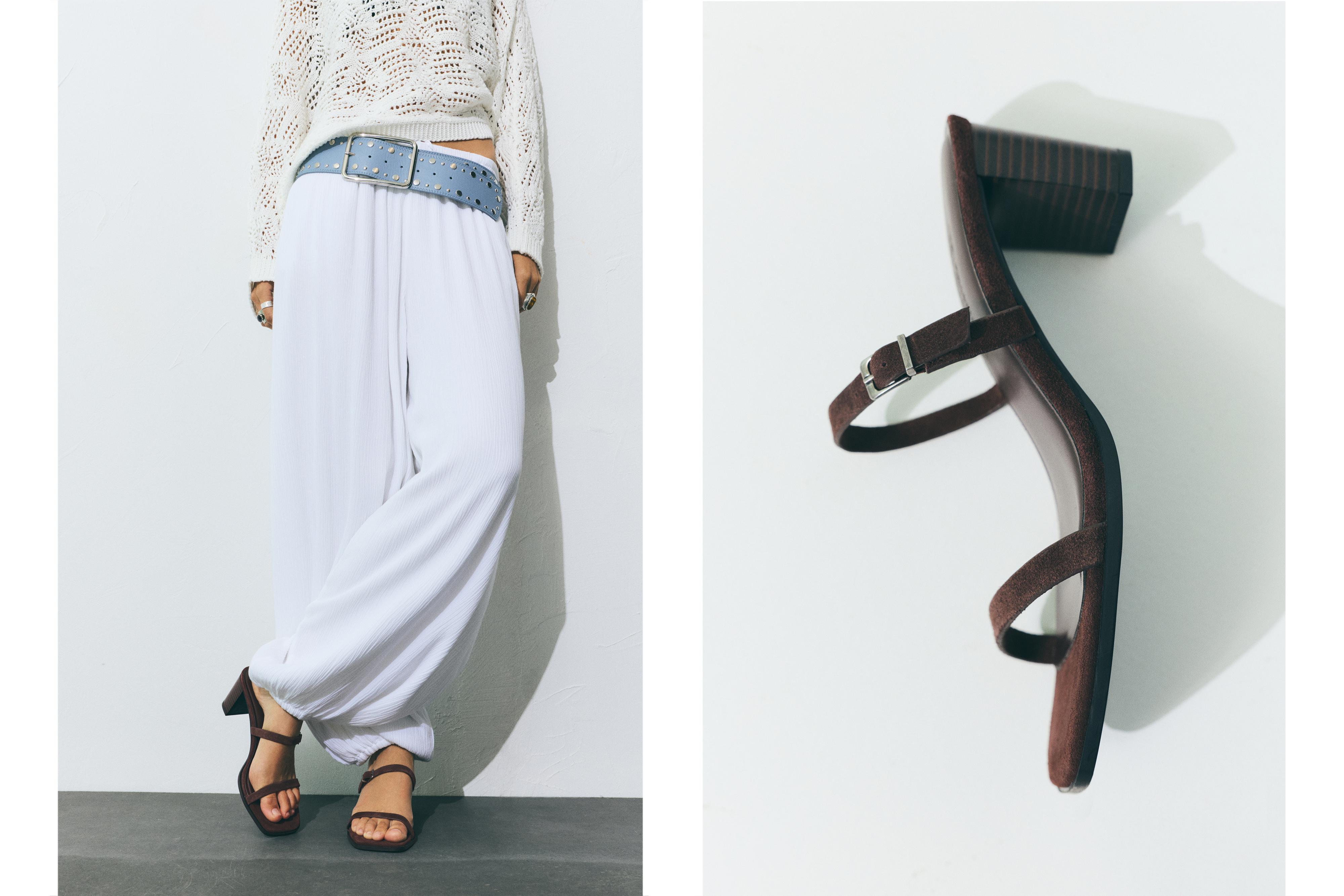 Leather heeled sandals with buckle — Brown