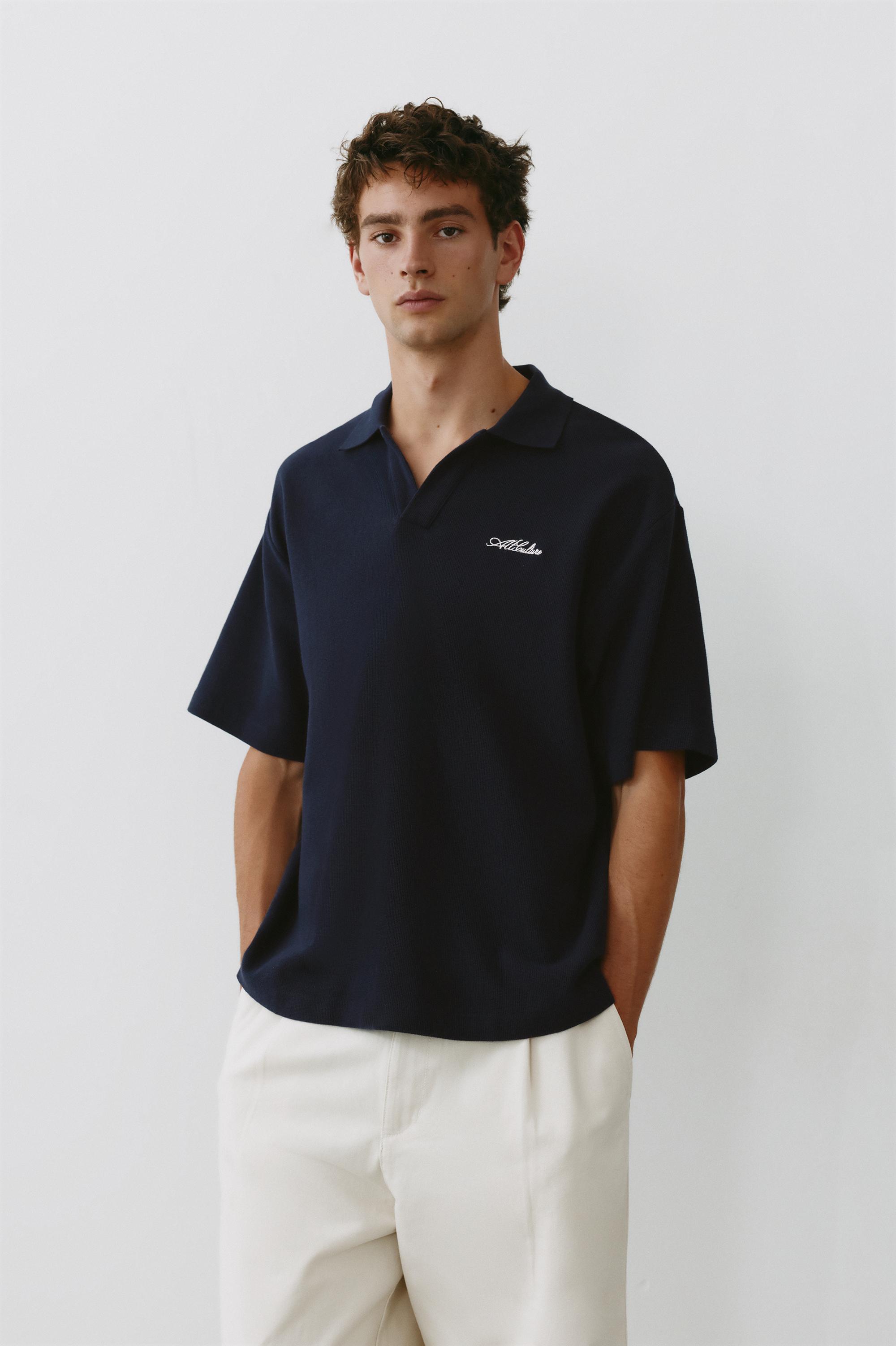 Short sleeve waffle-knit polo shirt — Navy