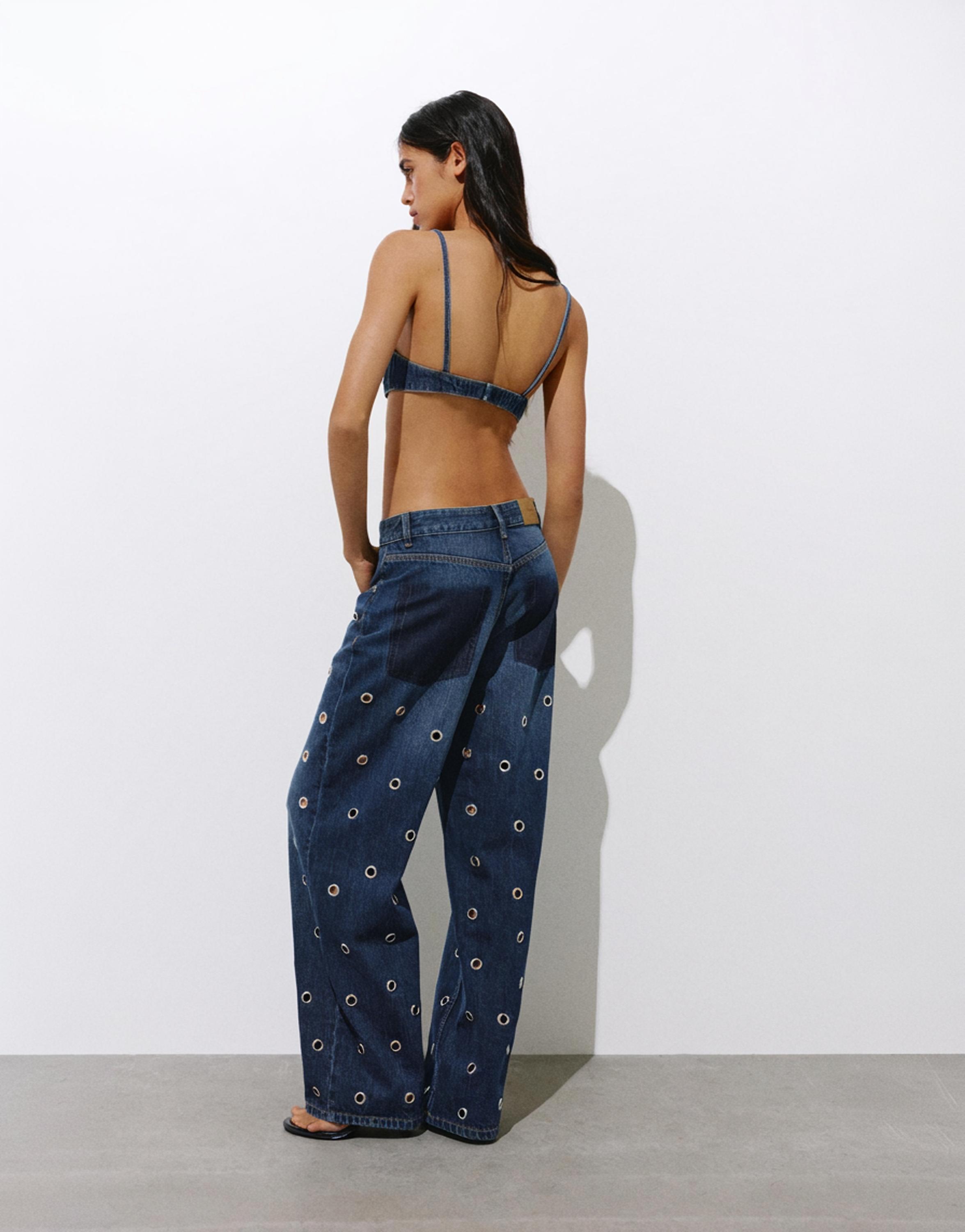 Kuşgözü detaylı denim top - Görsel 9